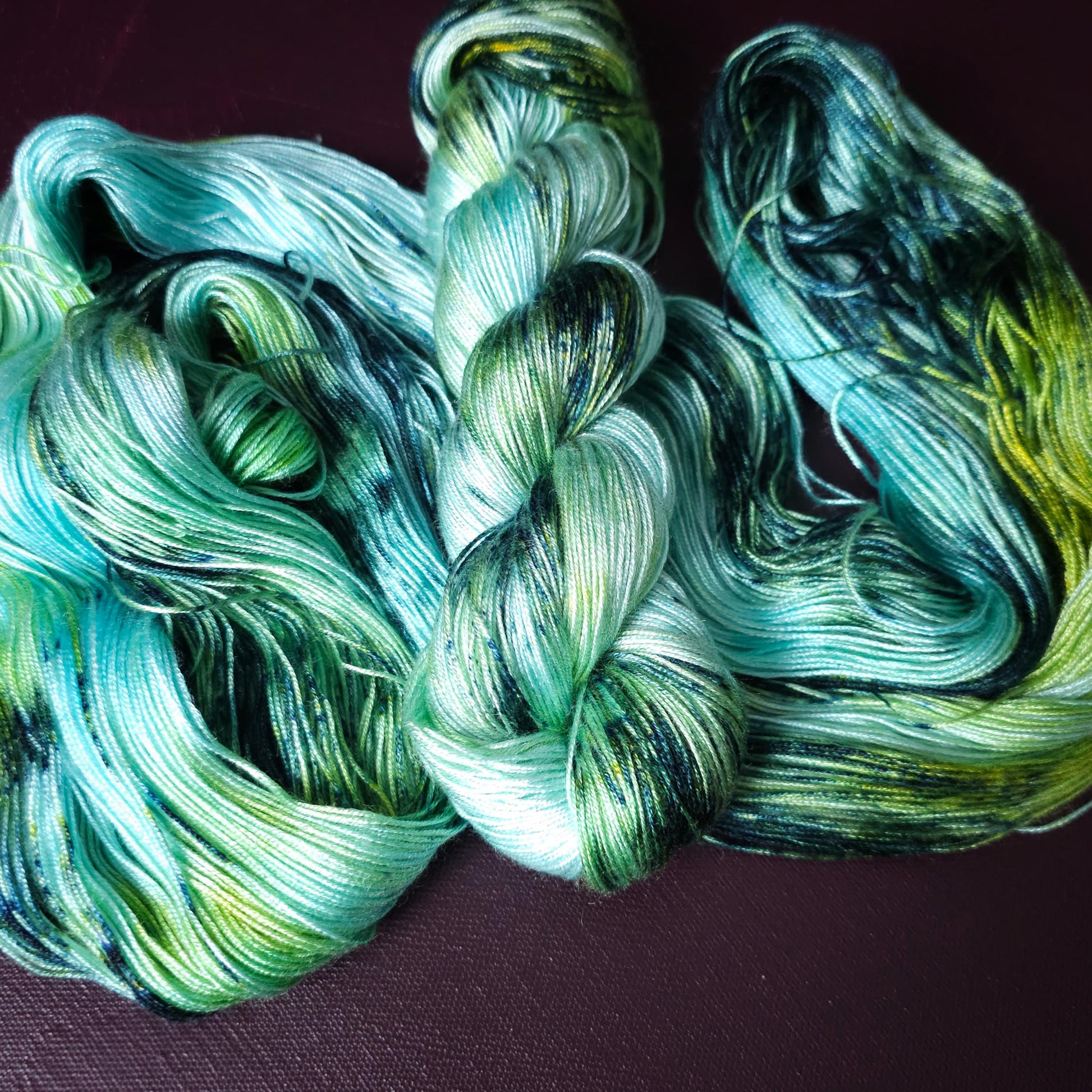 Hand dyed vegan yarn ~ Snow Mermaid ~ fingering or DK weight tencel or bamboo yarn, hand painted mercerized cotton thread, weaving yarn