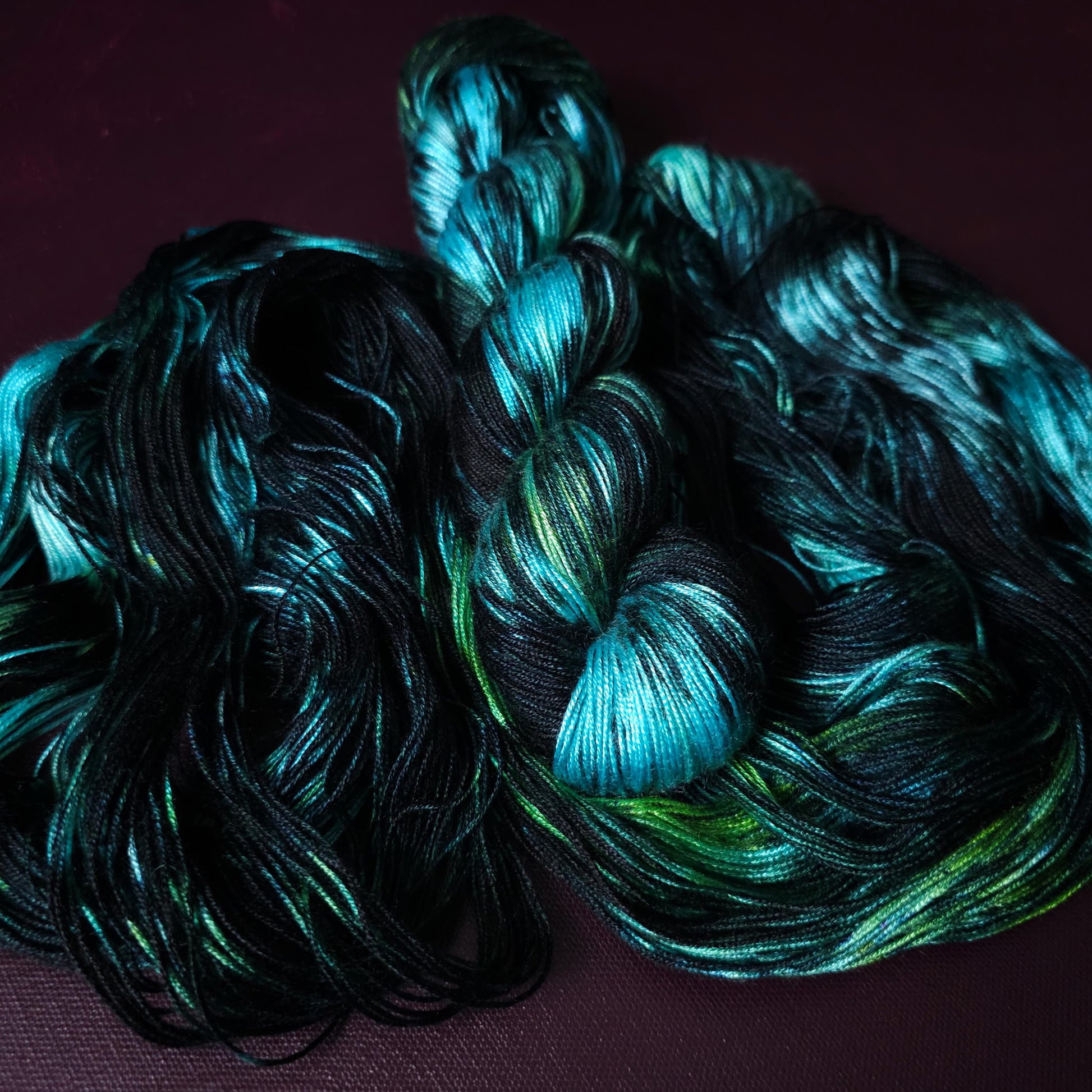 Hand dyed vegan yarn ~ Black Ice ~ fingering or DK weight tencel or bamboo yarn, hand painted mercerized cotton thread, weaving yarn
