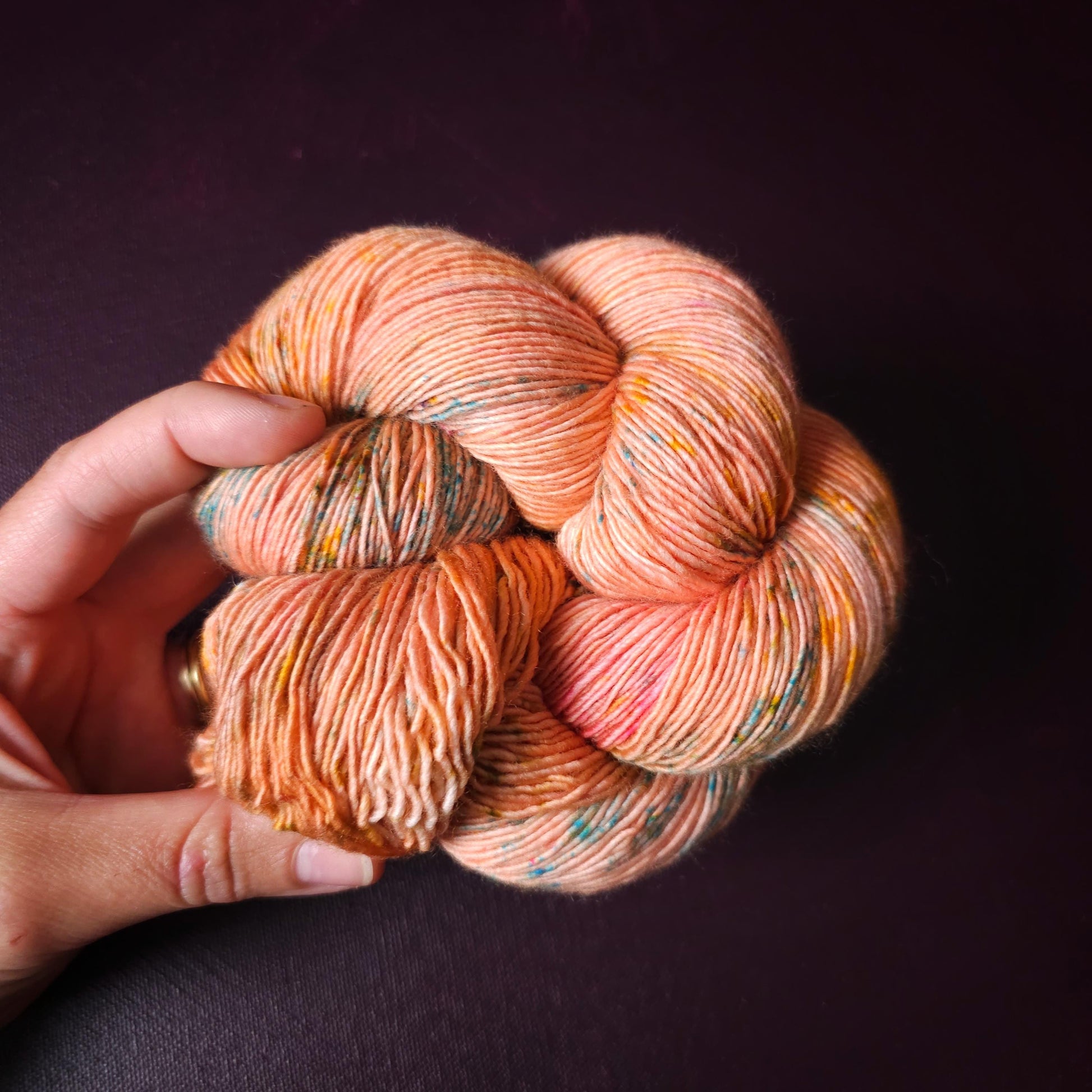 Soft Coral, hand dyed gradient wool yarn, gifts for knitters, gold lurex sock yarn, colorful knitting supplies, merino crochet yarn