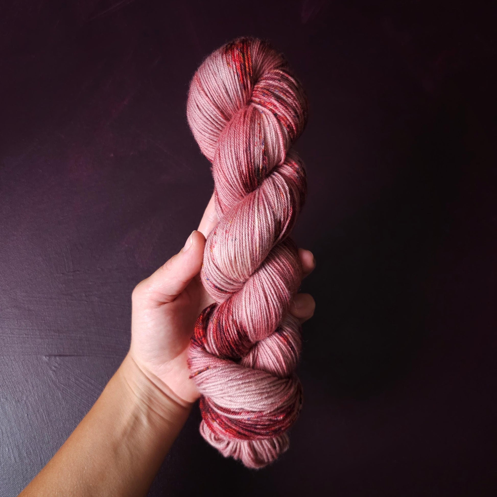 Rasberry Dripple, hand dyed merino singles yarn, gifts for knitters, gold lurex sock yarn, colorful knitting supplies, merino crochet yarn
