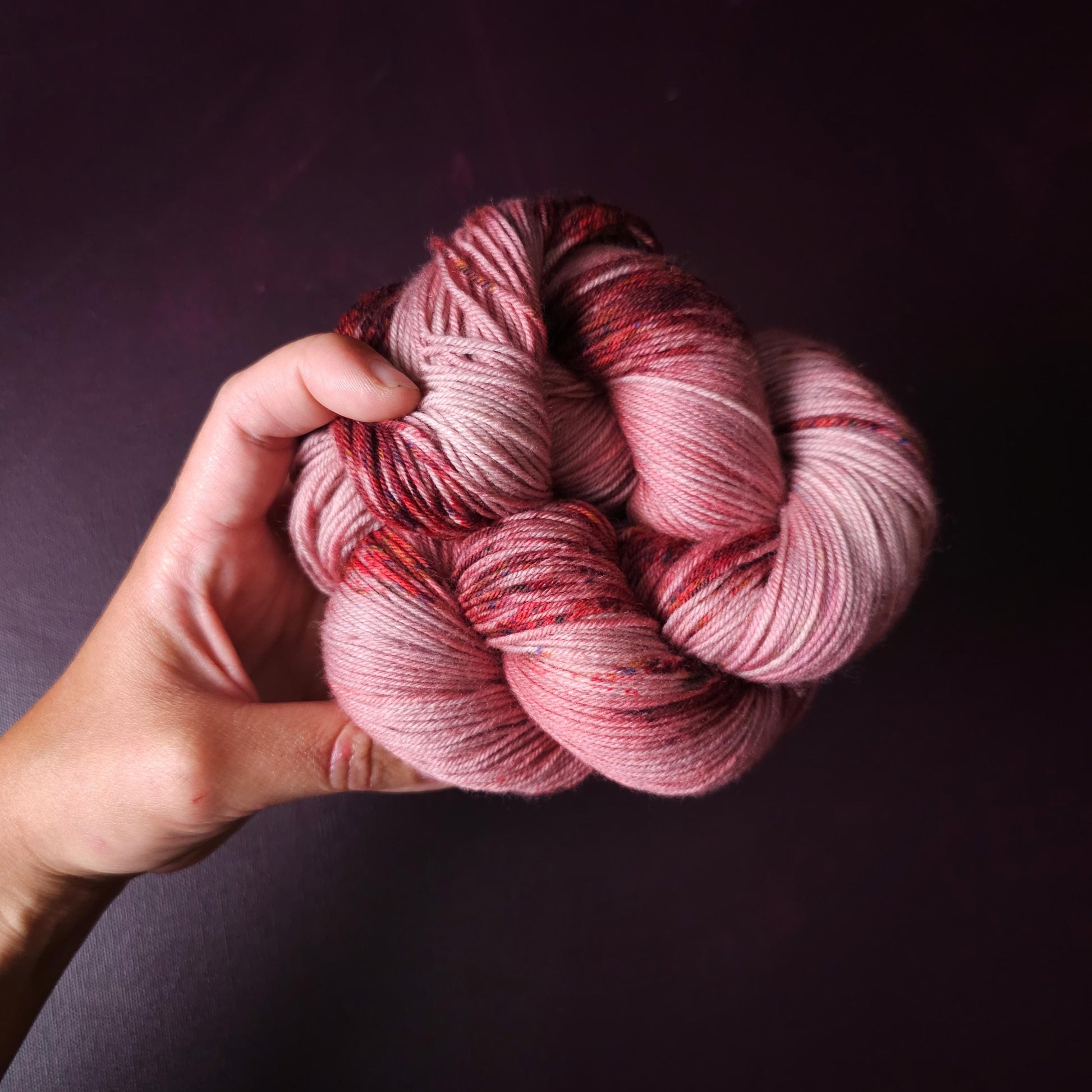 Rasberry Dripple, hand dyed merino singles yarn, gifts for knitters, gold lurex sock yarn, colorful knitting supplies, merino crochet yarn