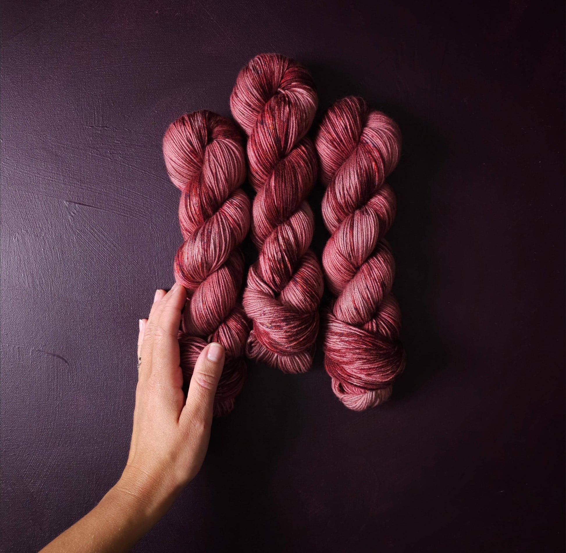 Rasberry Delight, hand dyed merino singles yarn, gifts for knitters, gold lurex sock yarn, colorful knitting supplies, merino crochet yarn
