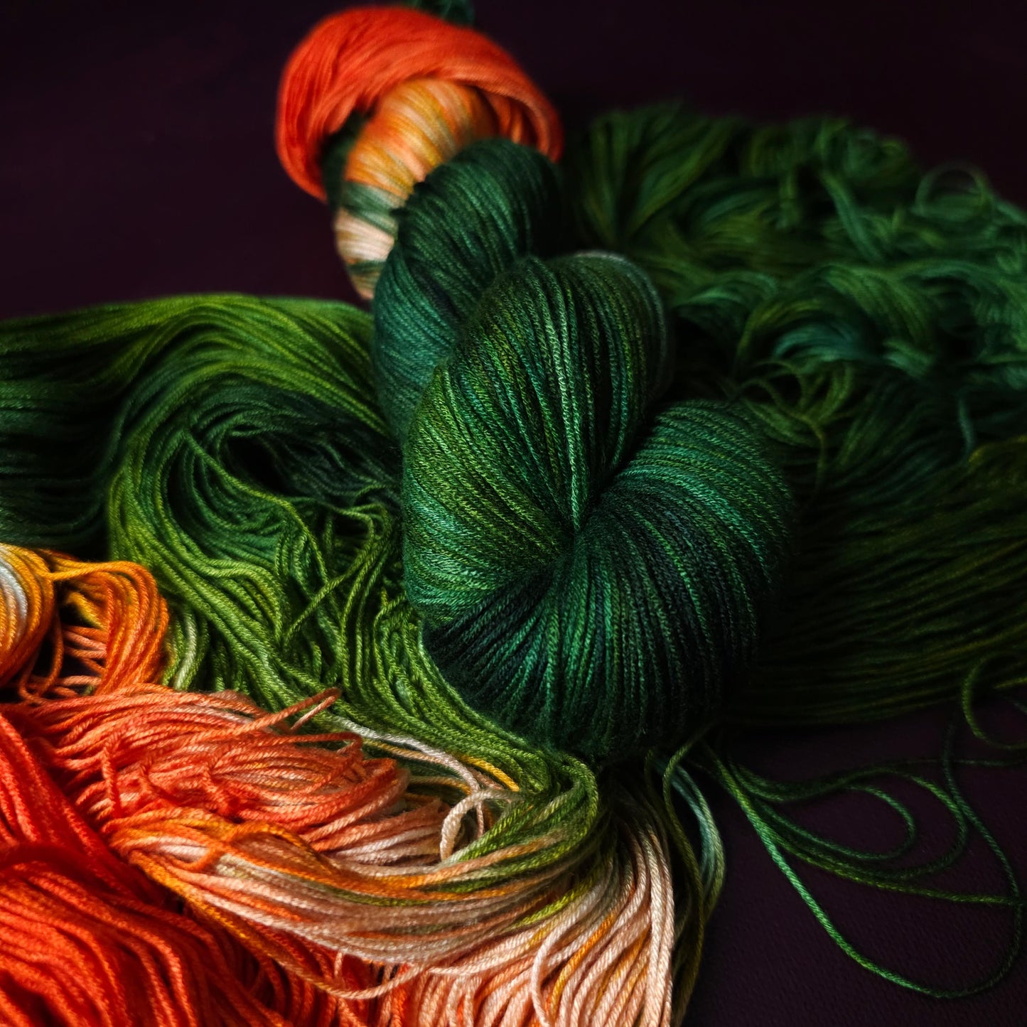 Hand dyed vegan yarn ~ Berries and Pines ~ fingering, DK weight tencel thread, mercerized cotton weaving yarn, bamboo yarn, hand painted