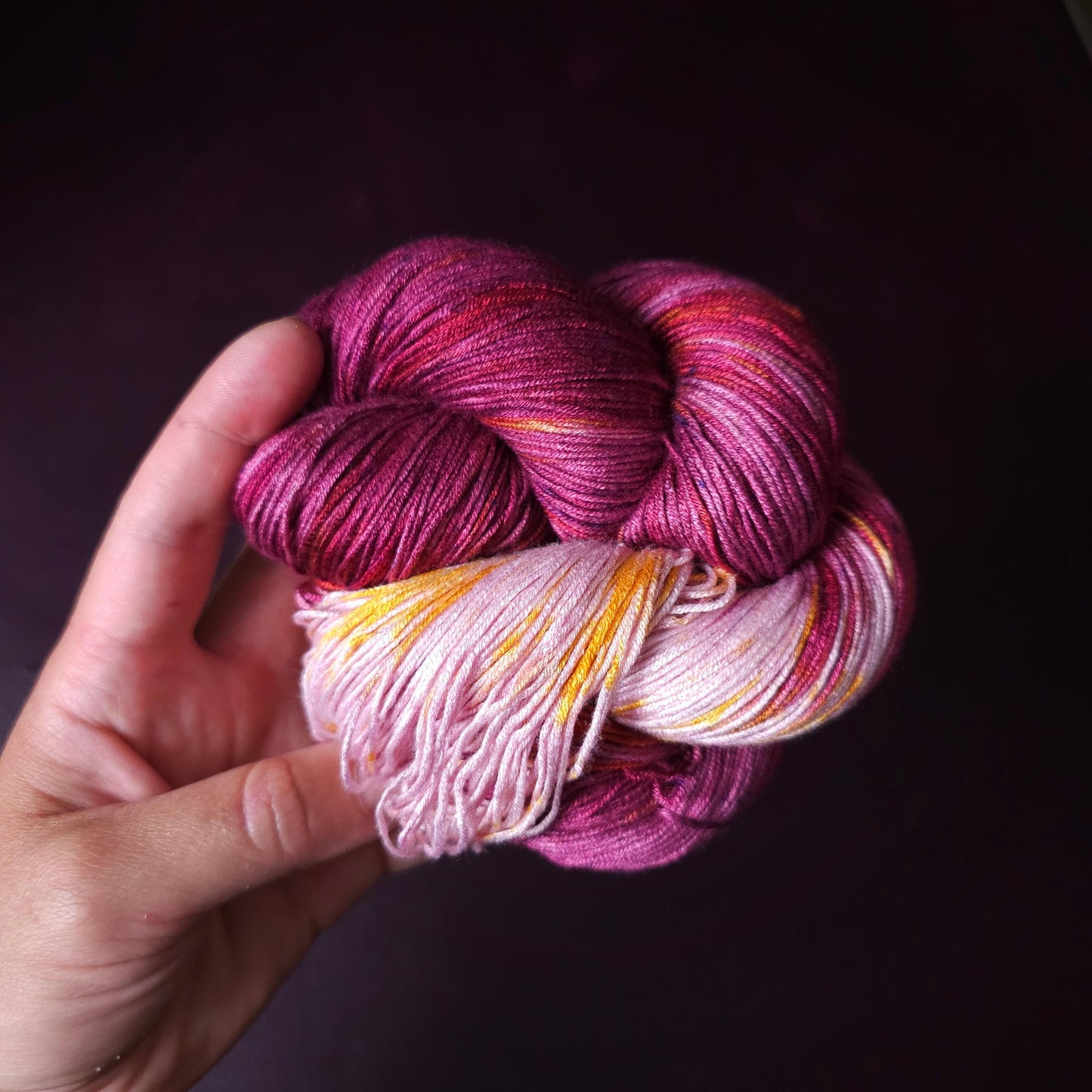 Hand dyed vegan yarn ~ Rasberry Cream ~ fingering, DK weight tencel thread, mercerized cotton weaving yarn, bamboo yarn, assigned pooling