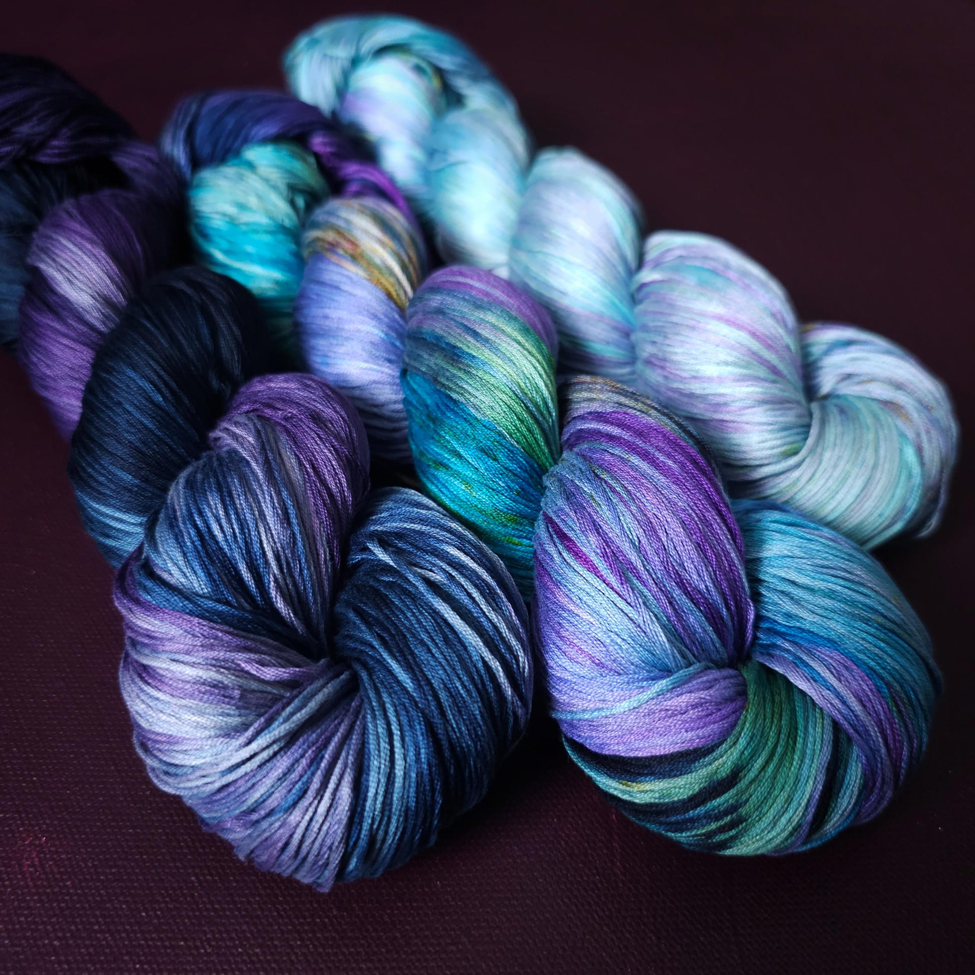 Lucky Dip Trio, Hand Dyed Vegan Yarn Set, One Of A Kind, mercerized cotton fingering Weight Yarn, Hand Painted Plant Based Crochet Thread, K