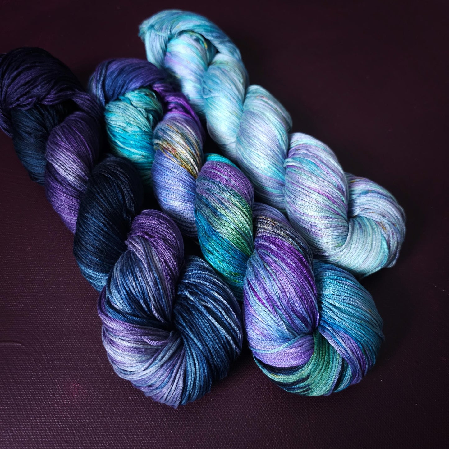 Lucky Dip Trio, Hand Dyed Vegan Yarn Set, One Of A Kind, mercerized cotton fingering Weight Yarn, Hand Painted Plant Based Crochet Thread, K