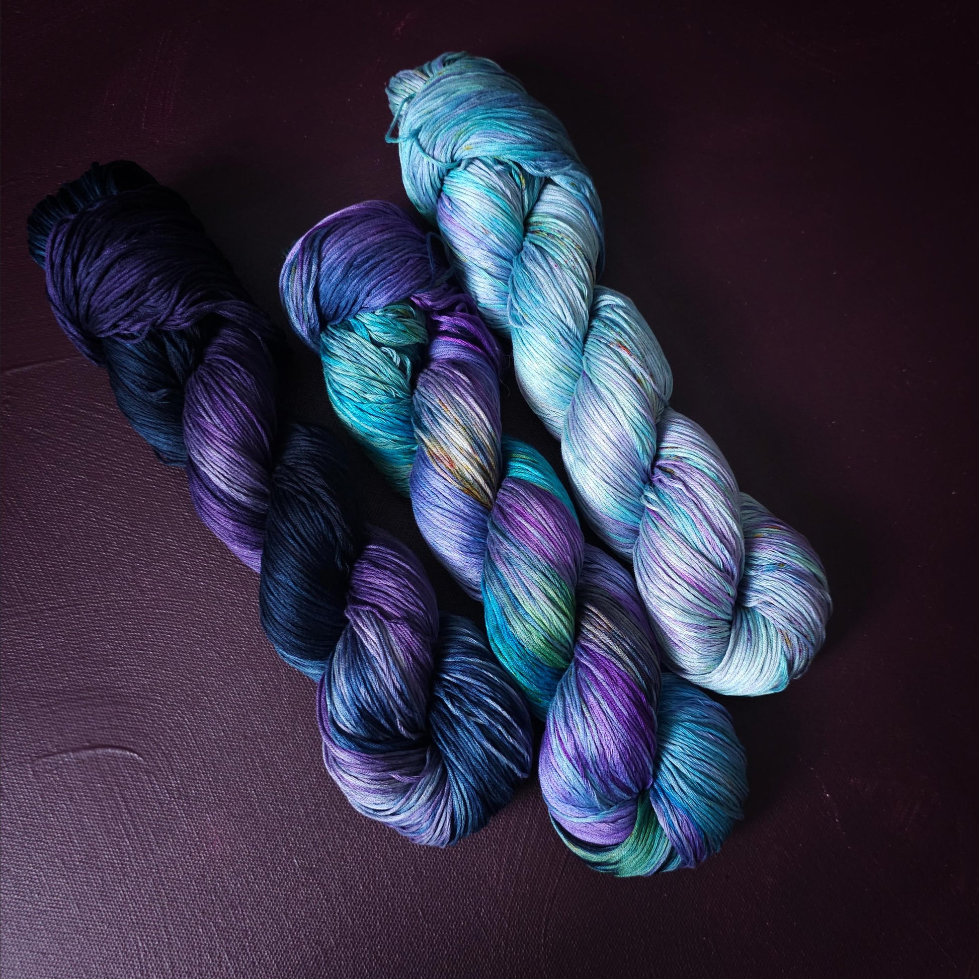 Lucky Dip Trio, Hand Dyed Vegan Yarn Set, One Of A Kind, mercerized cotton fingering Weight Yarn, Hand Painted Plant Based Crochet Thread, K