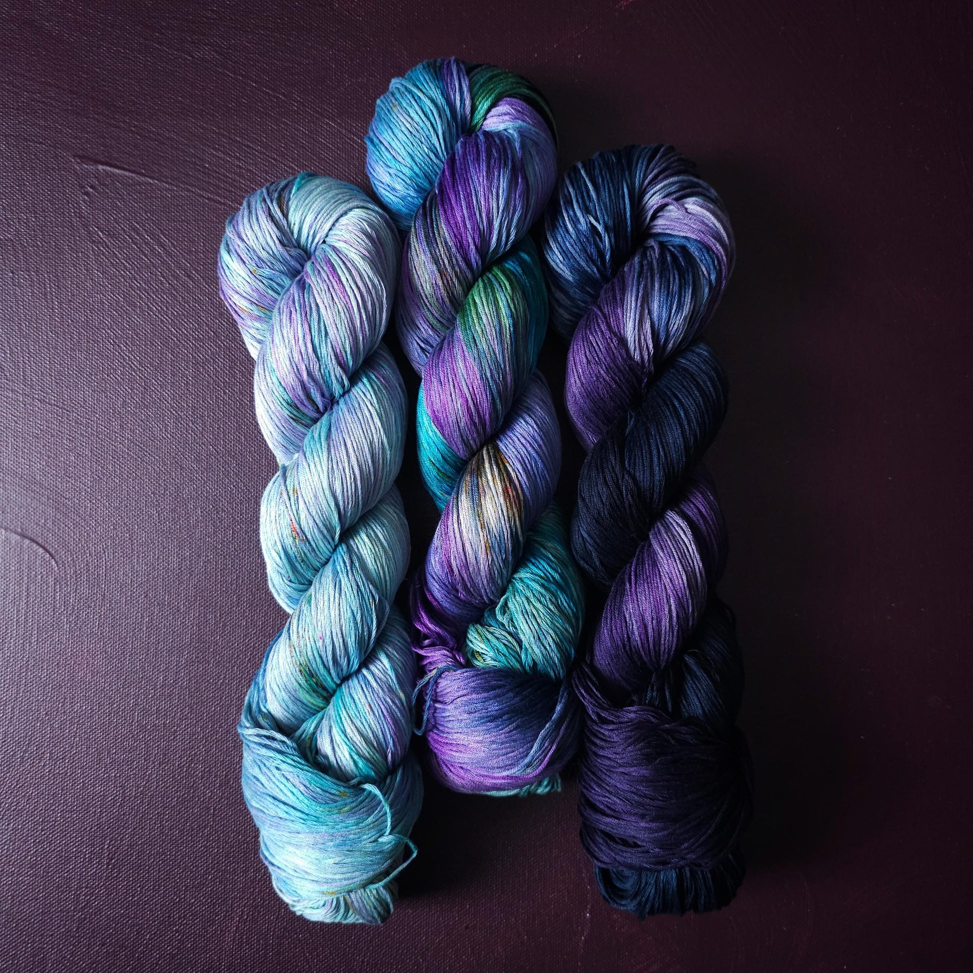 Lucky Dip Trio, Hand Dyed Vegan Yarn Set, One Of A Kind, mercerized cotton fingering Weight Yarn, Hand Painted Plant Based Crochet Thread, K