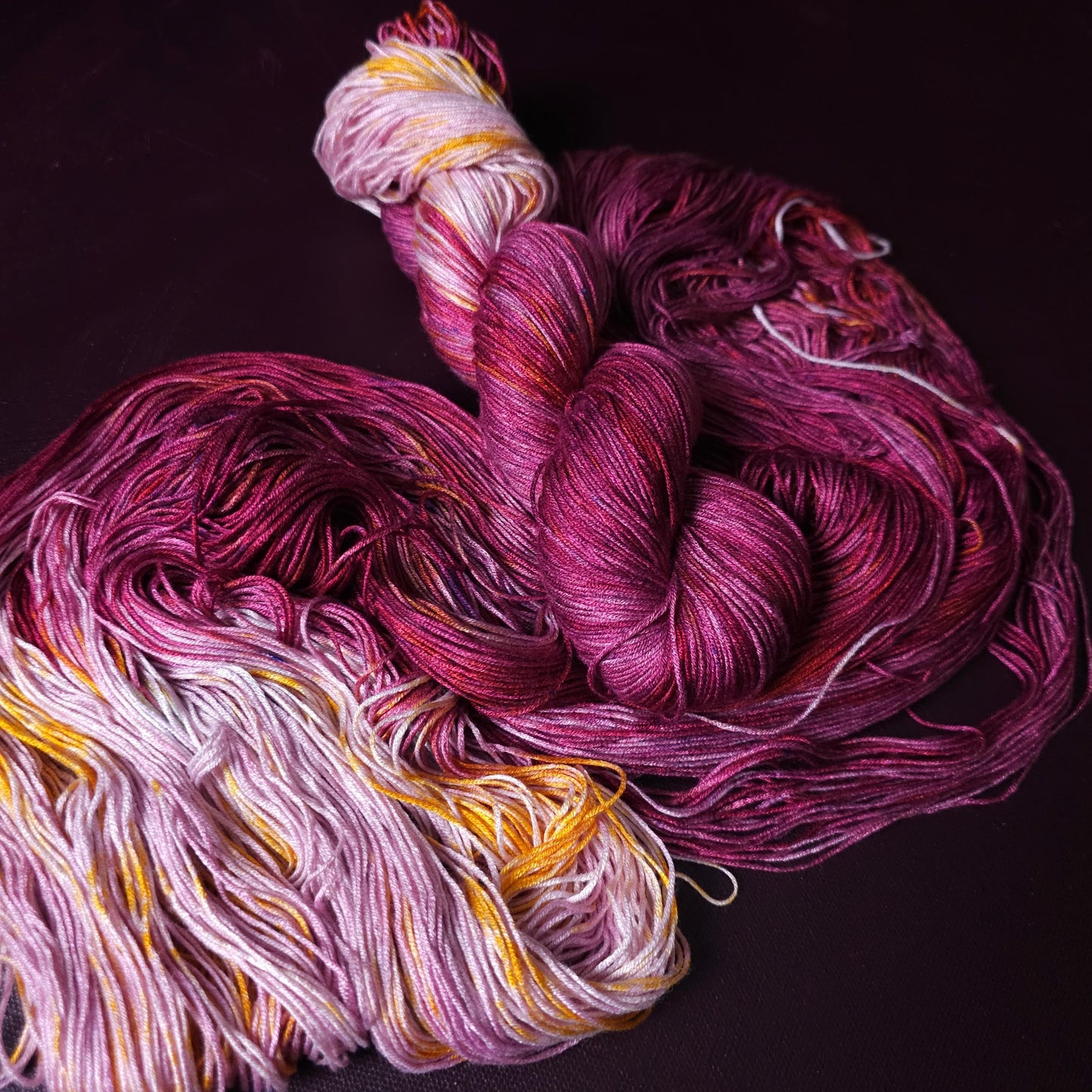 Hand dyed vegan yarn ~ Rasberry Cream ~ fingering, DK weight tencel thread, mercerized cotton weaving yarn, bamboo yarn, assigned pooling