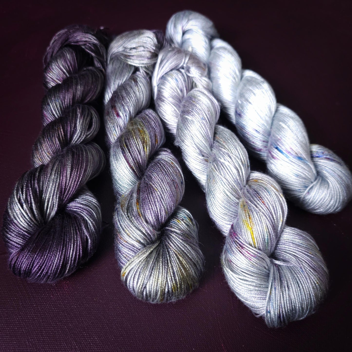 Lucky Dip, Dark Purple Cloud, Hand Dyed Vegan Yarn, Fade Set, Tencel DK weight, Hand Painted Thread, knitting, crochet, weaving yarn