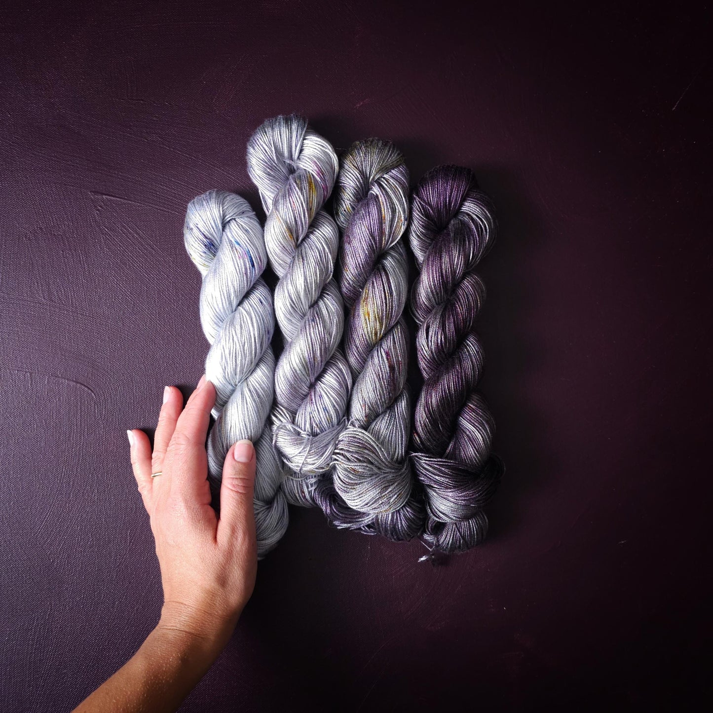 Lucky Dip, Dark Purple Cloud, Hand Dyed Vegan Yarn, Fade Set, Tencel DK weight, Hand Painted Thread, knitting, crochet, weaving yarn