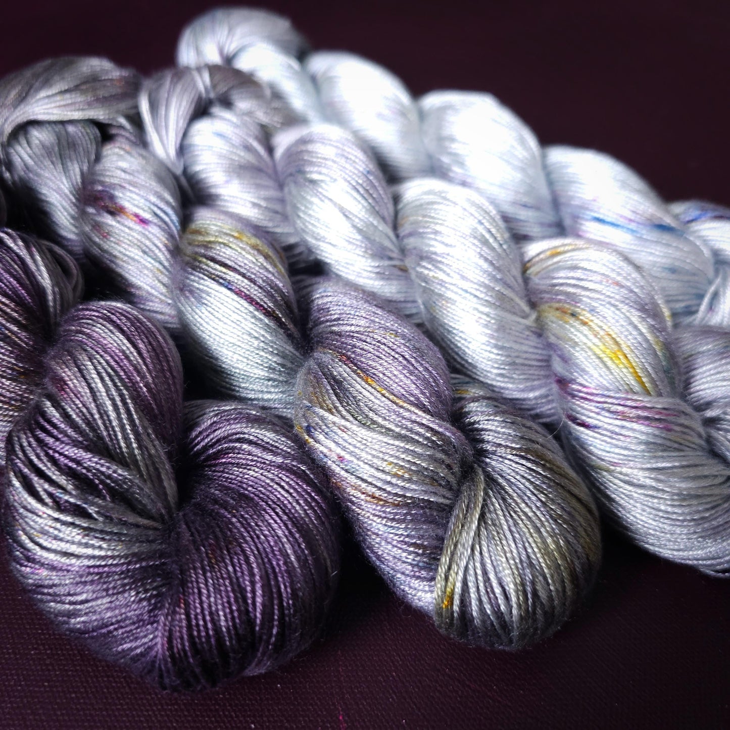 Lucky Dip, Dark Purple Cloud, Hand Dyed Vegan Yarn, Fade Set, Tencel DK weight, Hand Painted Thread, knitting, crochet, weaving yarn