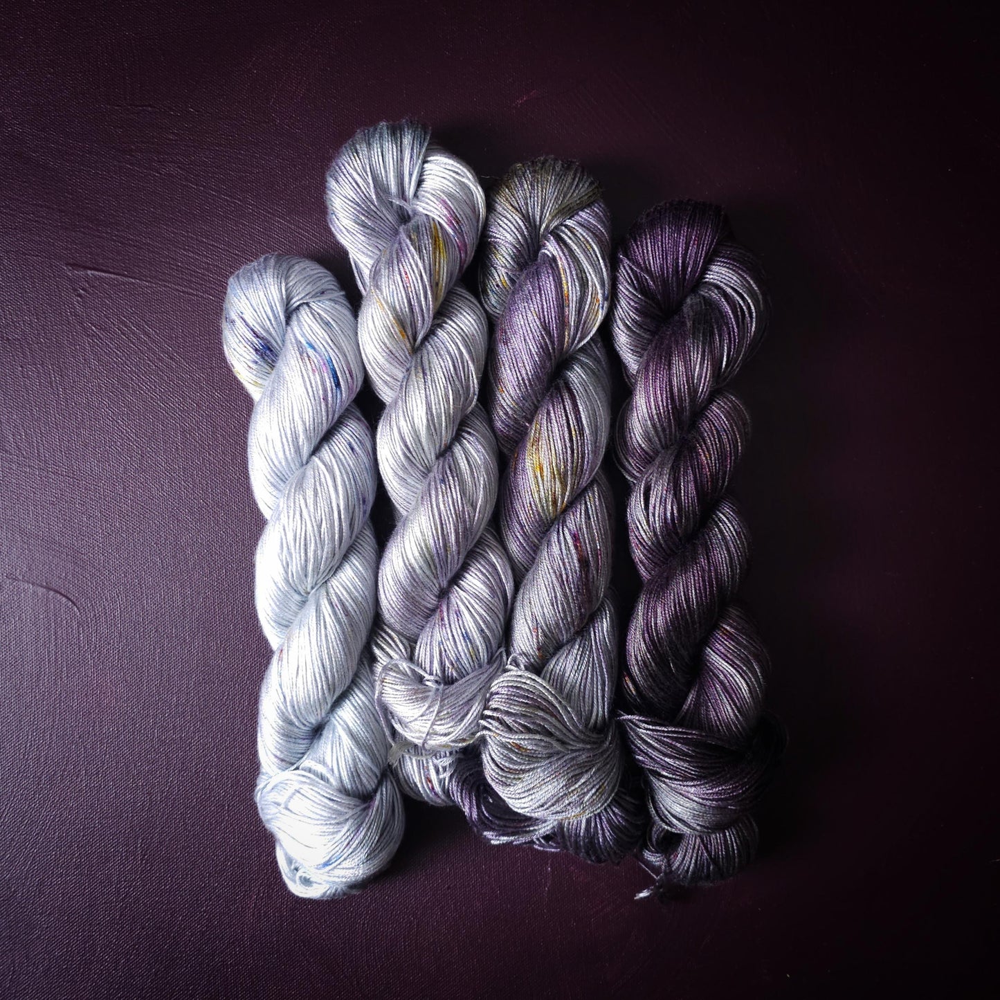 Lucky Dip, Dark Purple Cloud, Hand Dyed Vegan Yarn, Fade Set, Tencel DK weight, Hand Painted Thread, knitting, crochet, weaving yarn