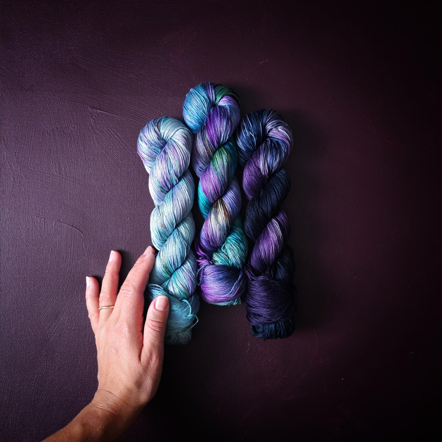 Lucky Dip Trio, Hand Dyed Vegan Yarn Set, One Of A Kind, mercerized cotton fingering Weight Yarn, Hand Painted Plant Based Crochet Thread, K