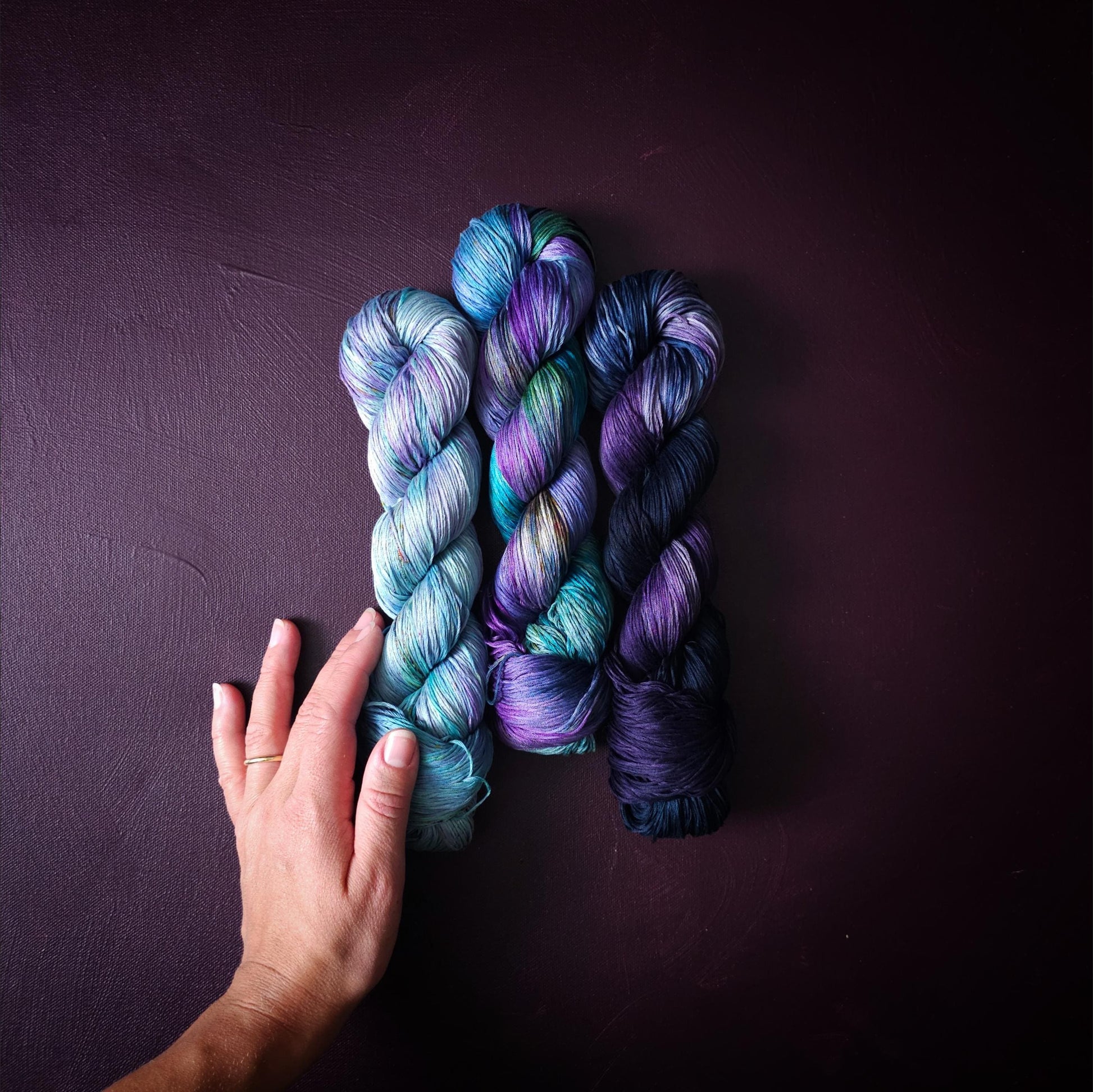 Lucky Dip Trio, Hand Dyed Vegan Yarn Set, One Of A Kind, mercerized cotton fingering Weight Yarn, Hand Painted Plant Based Crochet Thread, K