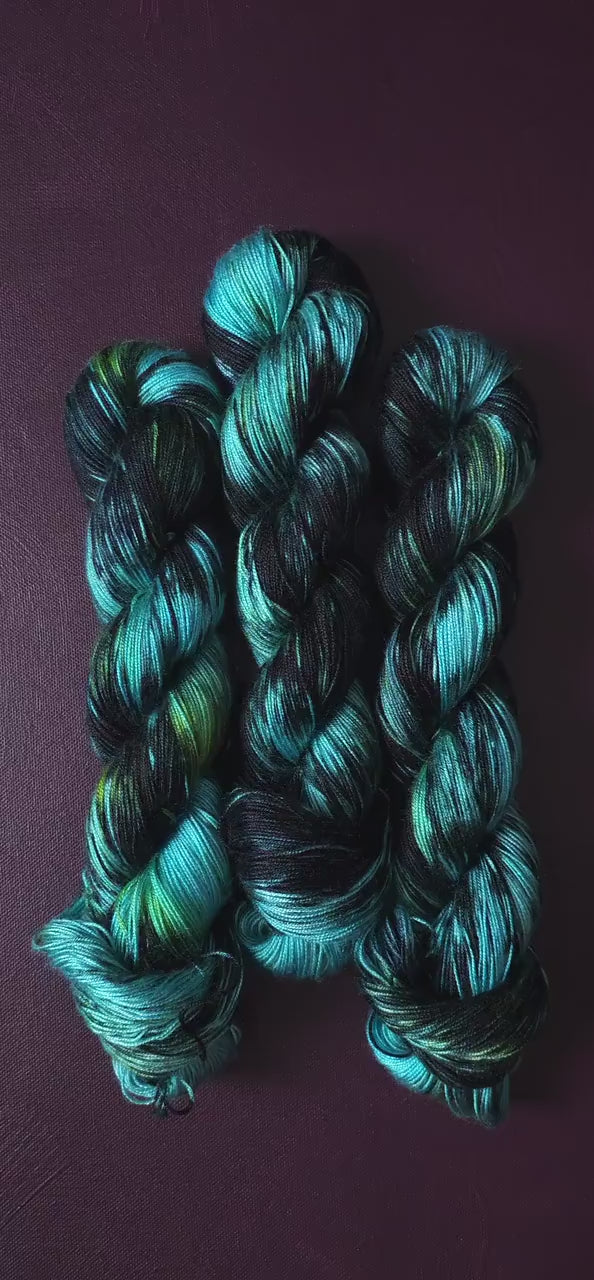 Hand dyed vegan yarn ~ Black Ice ~ fingering or DK weight tencel or bamboo yarn, hand painted mercerized cotton thread, weaving yarn