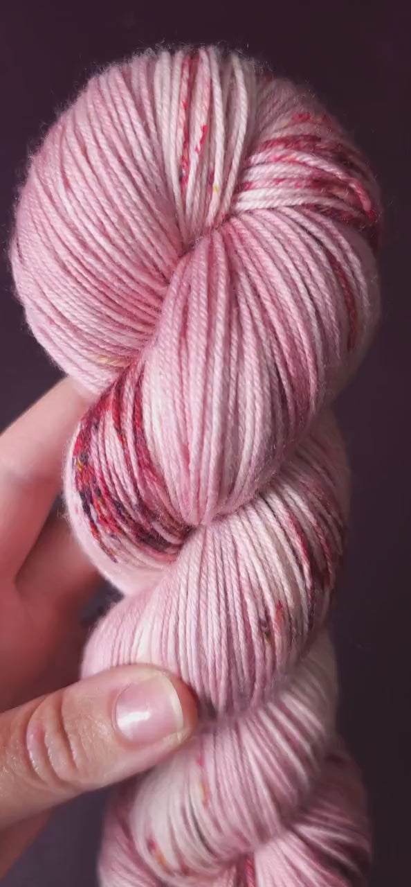 Soft Rasberry, hand dyed merino singles yarn, gifts for knitters, gold lurex sock yarn, colorful knitting supplies, merino crochet yarn