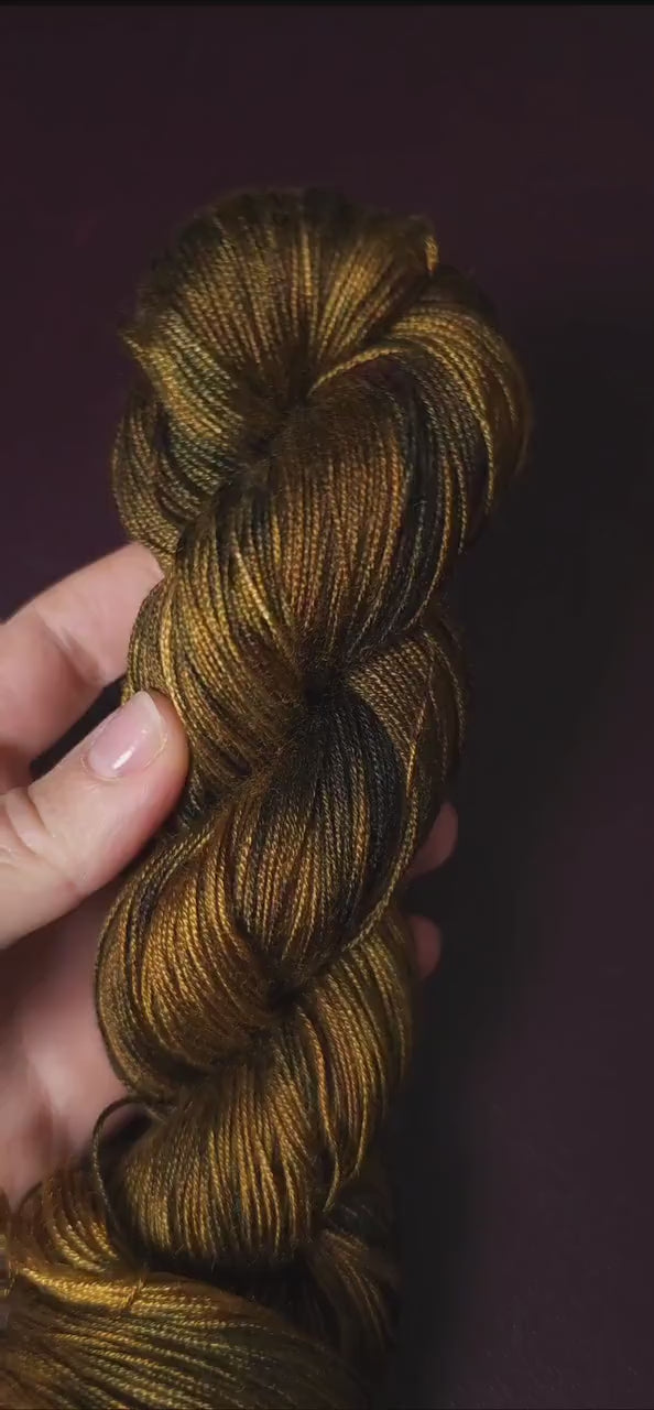 Dark Ochre Haze, hand dyed vegan yarn, speckled yarn, fingering / DK weight knitting yarn, tencel OR bamboo yarn, shiny crochet thread,