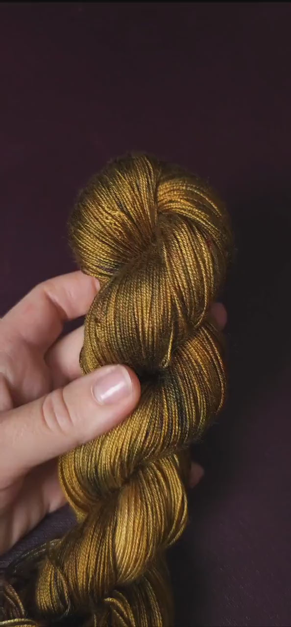 Ochre Haze, hand dyed vegan yarn, speckled yarn, fingering / DK weight knitting yarn, tencel OR bamboo yarn, shiny crochet thread,