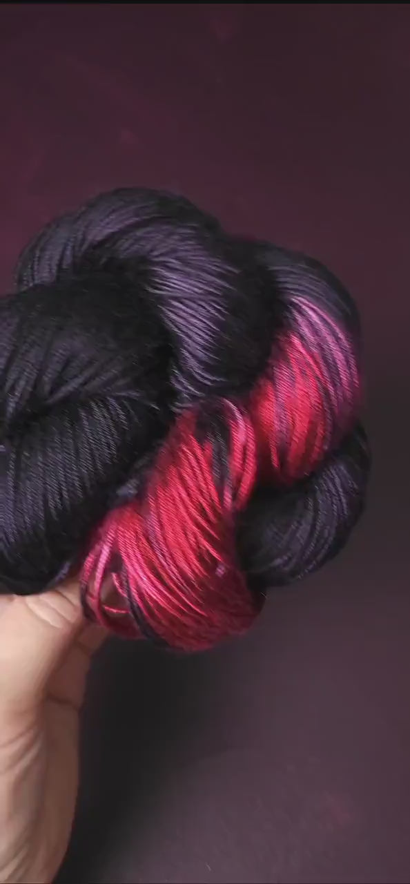 Bloody Mary, hand dyed vegan yarn, assigned pooling yarn, fingering / DK weight knitting yarn, tencel OR bamboo yarn, shiny crochet thread