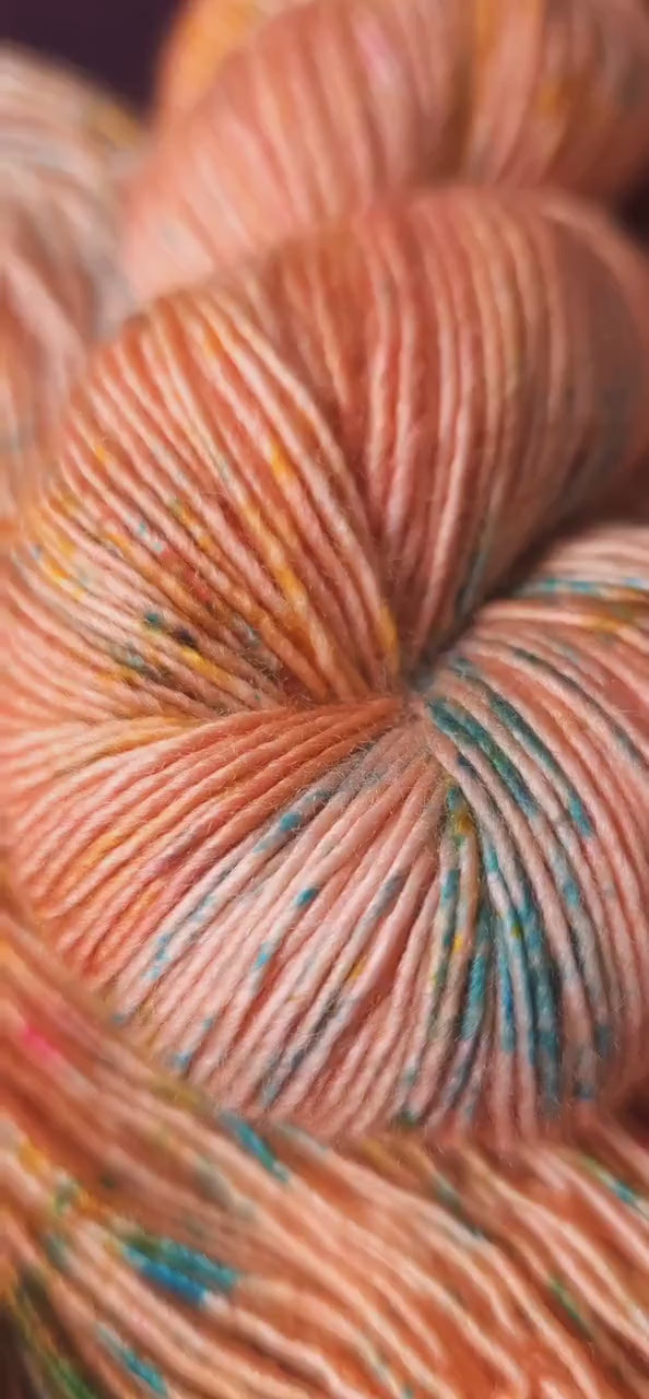 Soft Coral, hand dyed gradient wool yarn, gifts for knitters, gold lurex sock yarn, colorful knitting supplies, merino crochet yarn