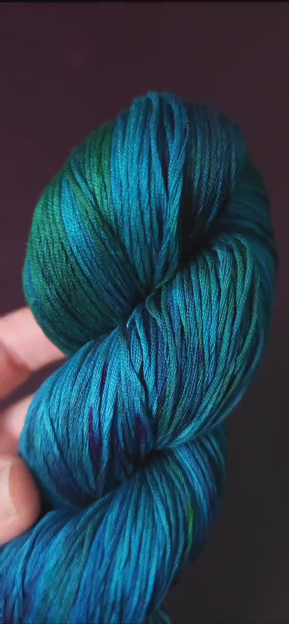 Blue Green Magpie, Hand dyed vegan yarn, assigned pooling, fingering / DK weight knitting yarn, tencel / bamboo / cotton crochet thread