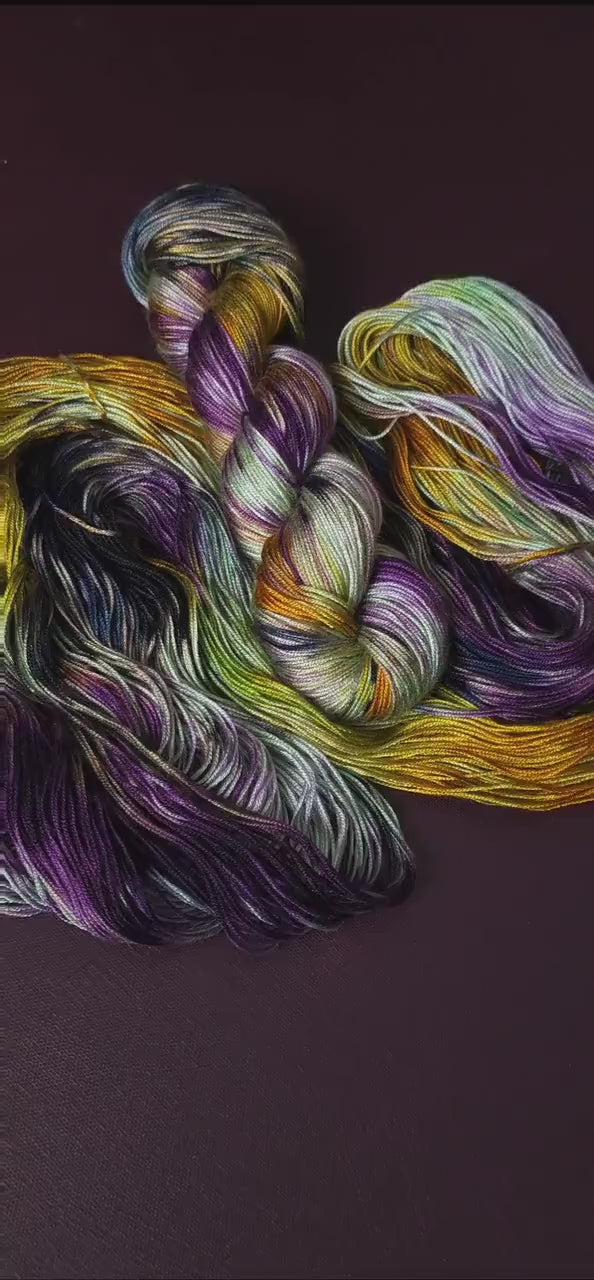 Hand dyed vegan yarn, Lost Theory, fingering / DK weight tencel, bamboo, mercerized cotton thread, hand painted knitting or crochet thread