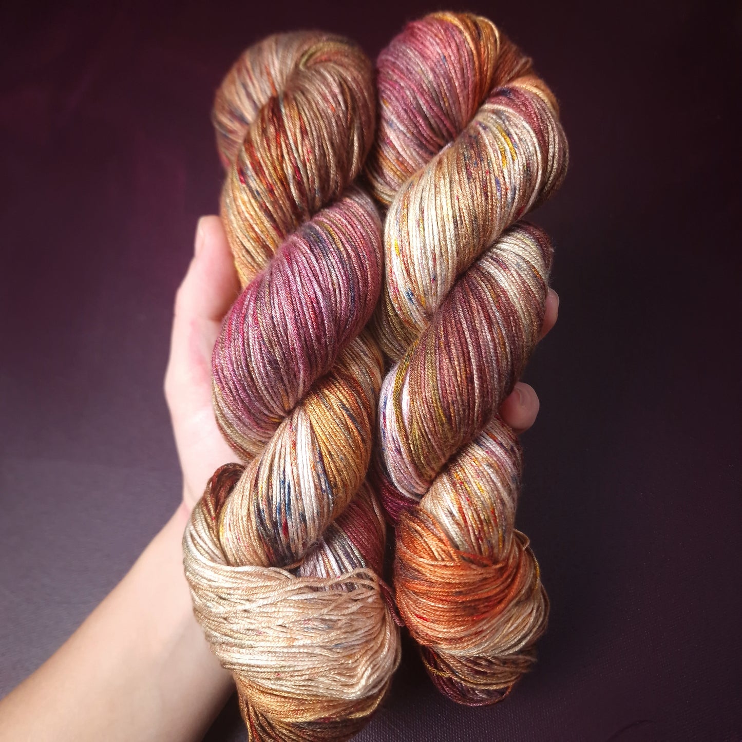 Hand dyed yarn ~ Autumn's Last Kiss ***Dyed to order ~ fingering / DK weight tencel OR bamboo yarn, vegan, hand painted