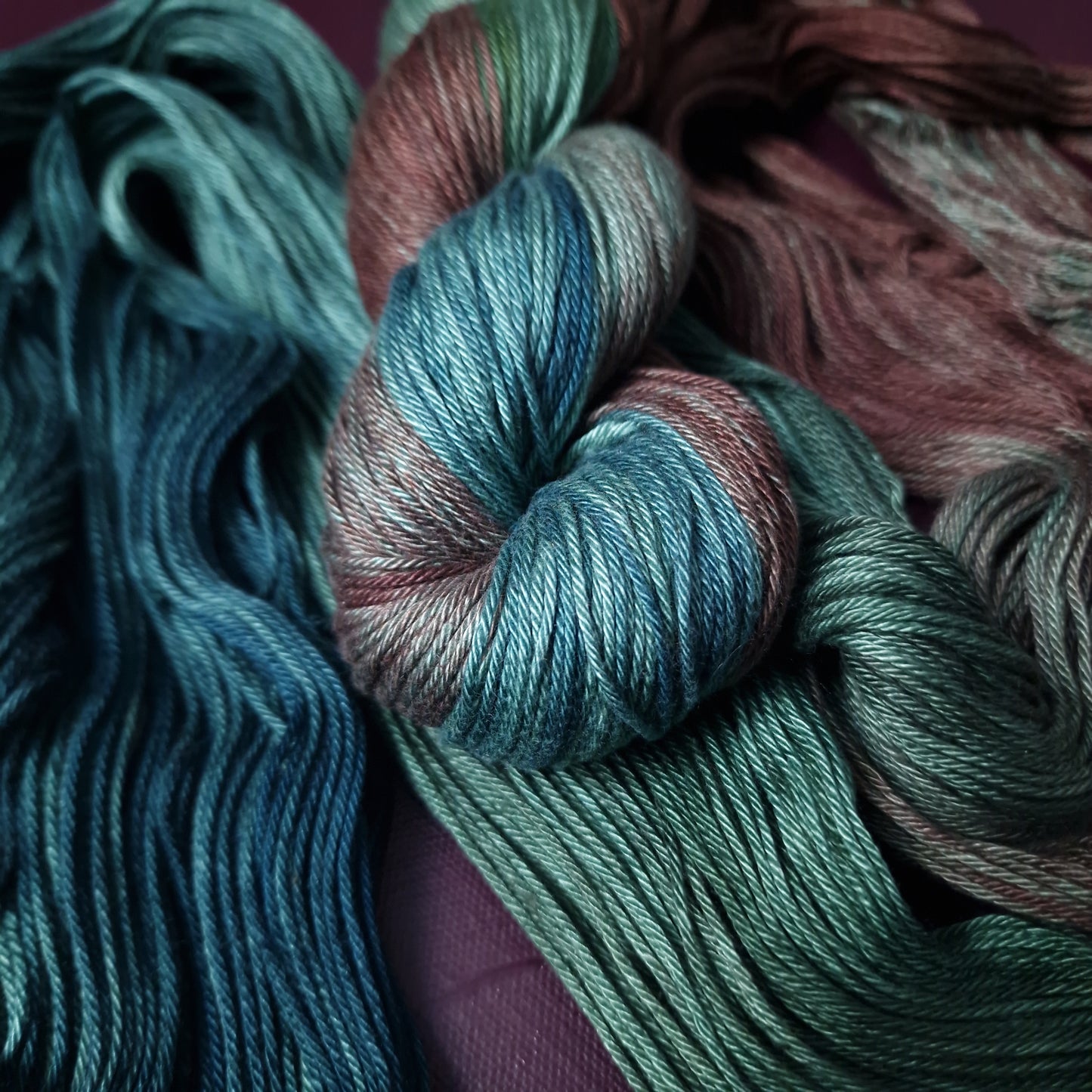 Hand dyed yarn ~ Mermaids Land~ mercerized cotton yarn, vegan, hand painted, indie dyed
