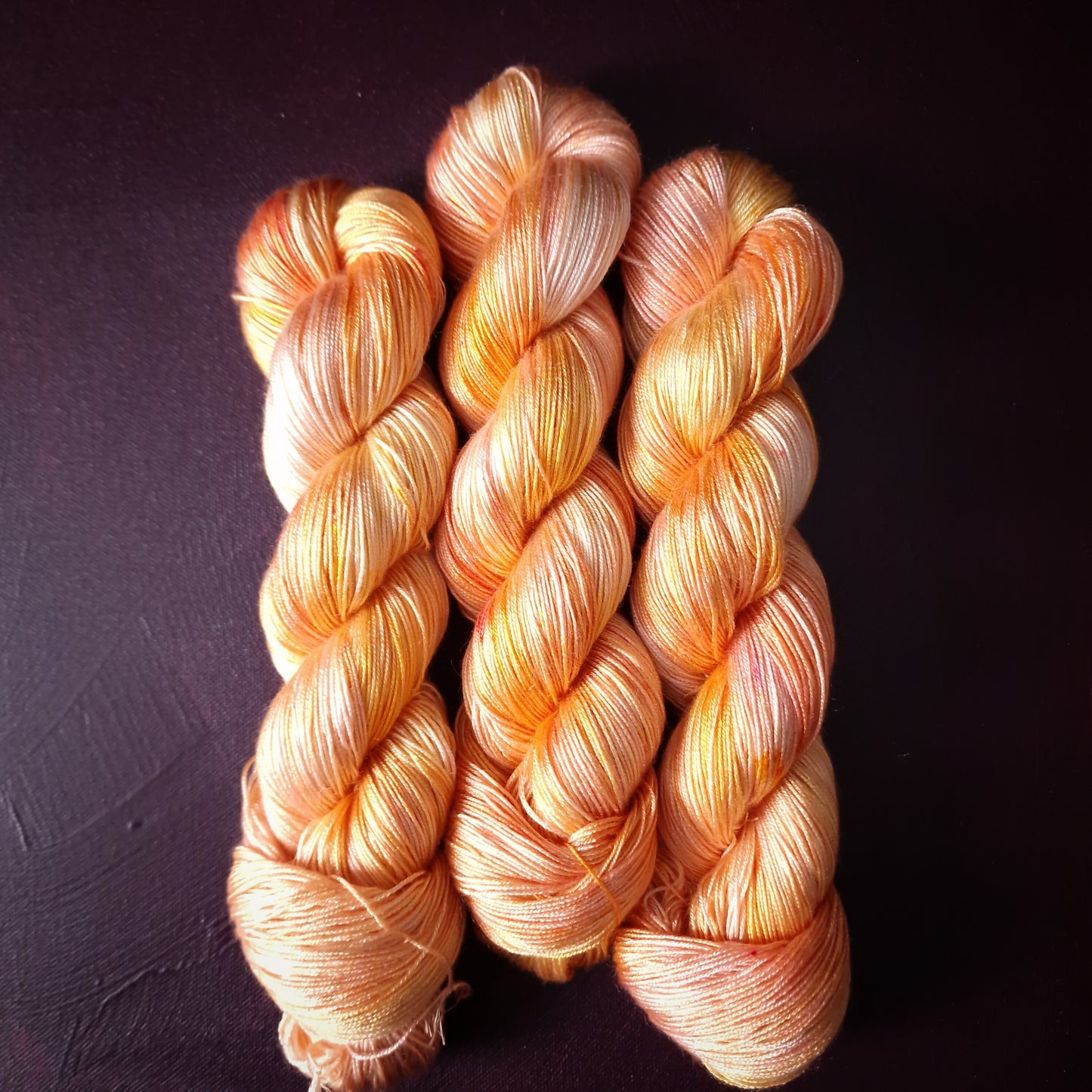 Hand dyed vegan yarn, Lemon Peach, fingering weight tencel thread, hand painted knitting or crochet yarn, shiny plant based weaving yarn,