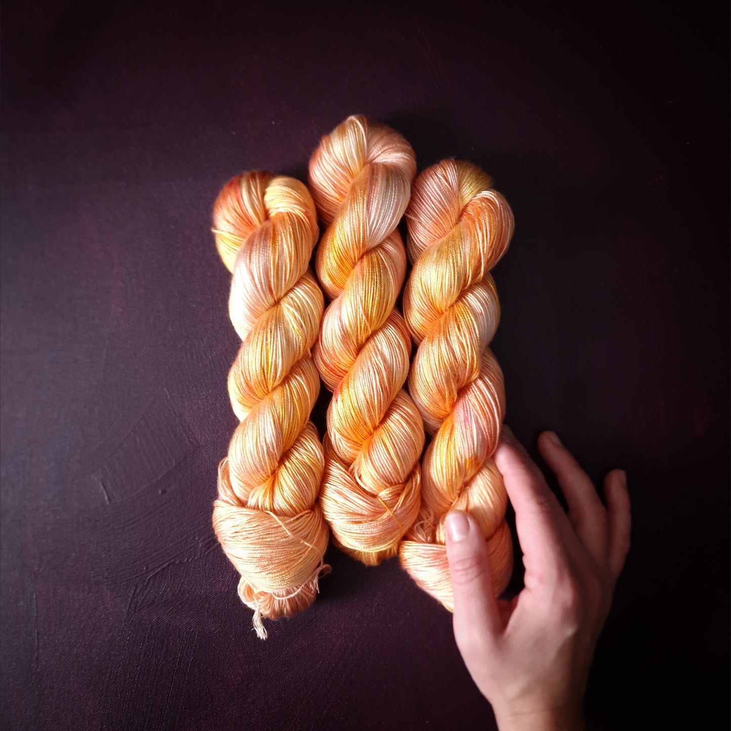 Hand dyed vegan yarn, Lemon Peach, fingering weight tencel thread, hand painted knitting or crochet yarn, shiny plant based weaving yarn,