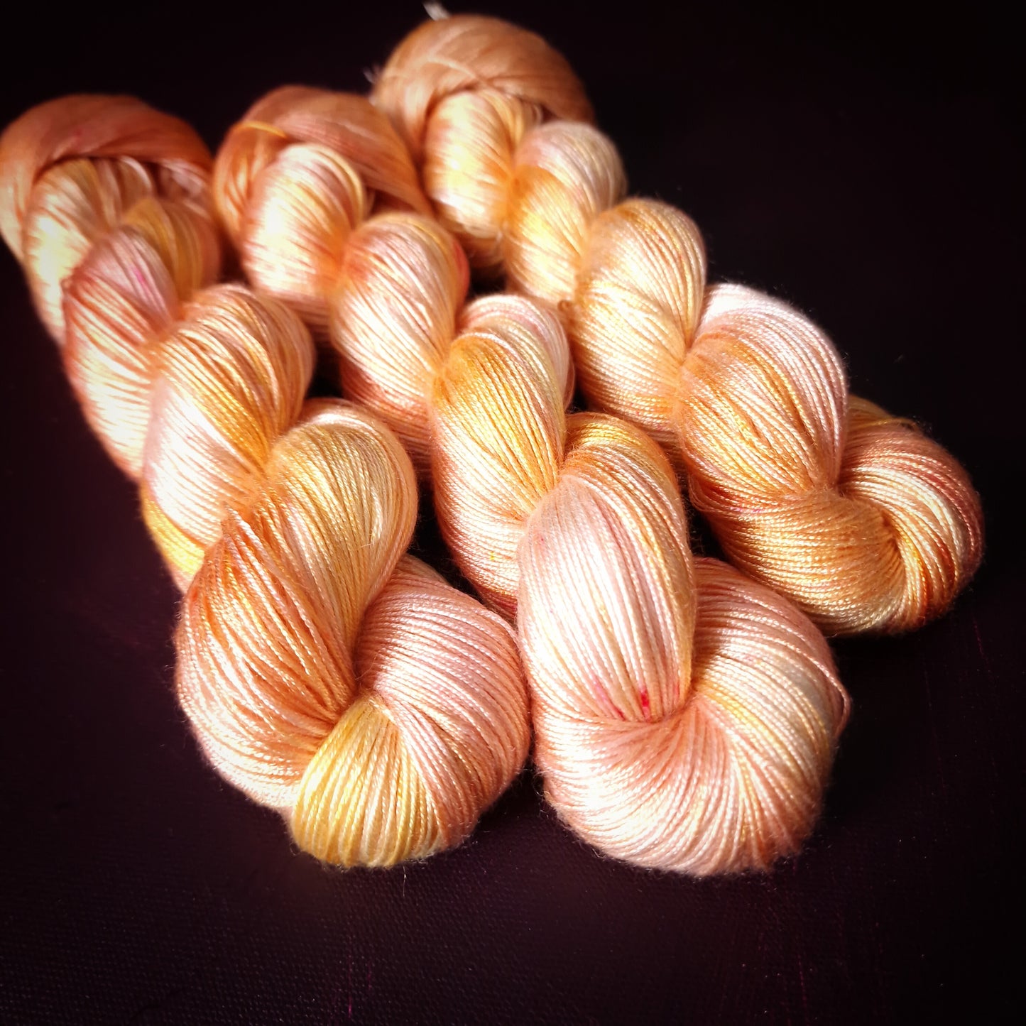 Hand dyed vegan yarn, Lemon Peach, fingering weight tencel thread, hand painted knitting or crochet yarn, shiny plant based weaving yarn,