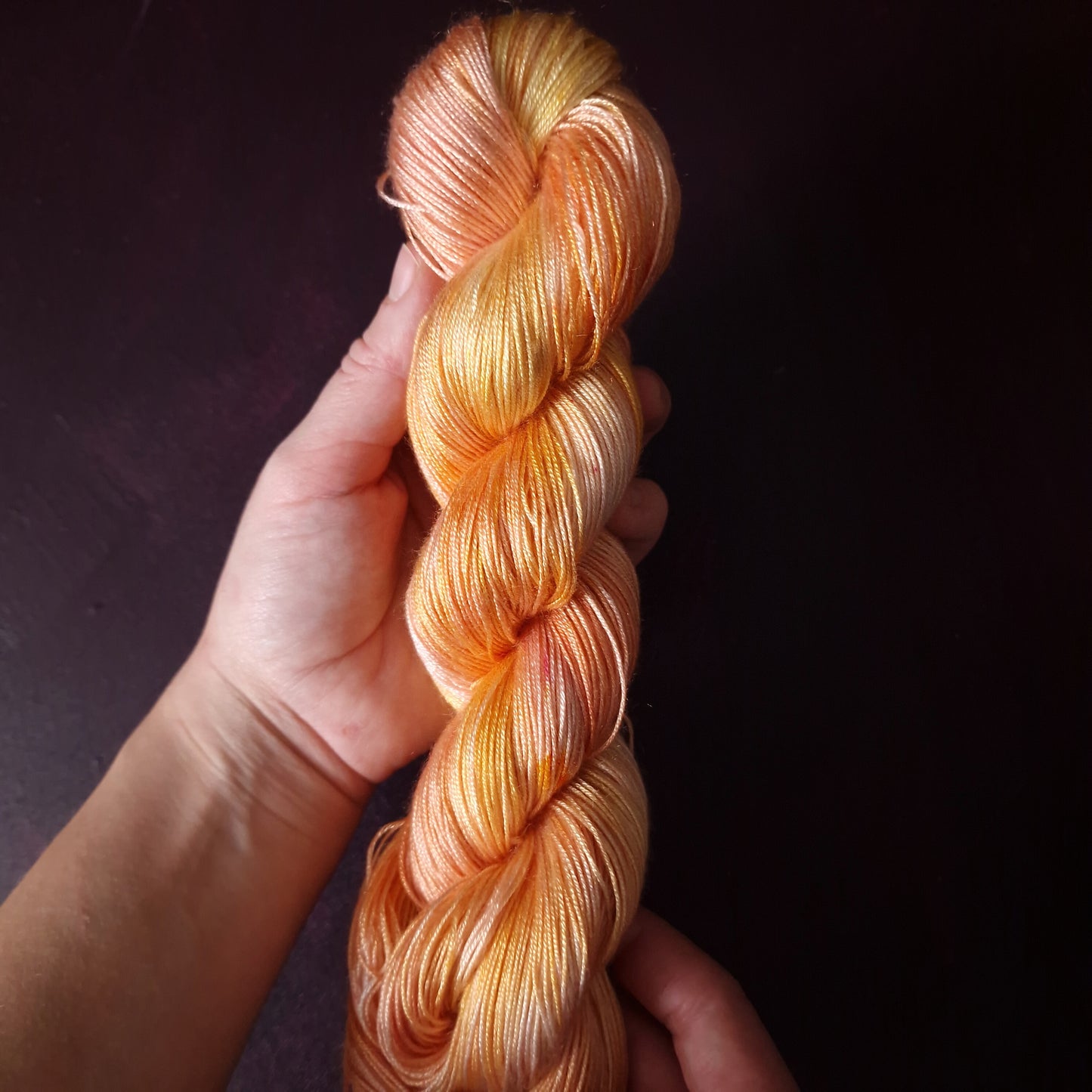 Hand dyed vegan yarn, Lemon Peach, fingering weight tencel thread, hand painted knitting or crochet yarn, shiny plant based weaving yarn,