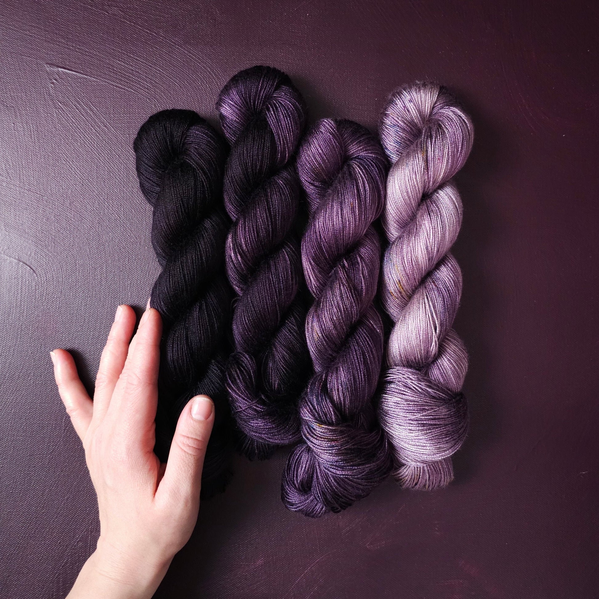 Hand dyed yarn ~ Fade Set*** Dyed to order ~ Velvet Grapes ~ tencel yarn, bamboo yarn, vegan, hand painted, fingering, DK