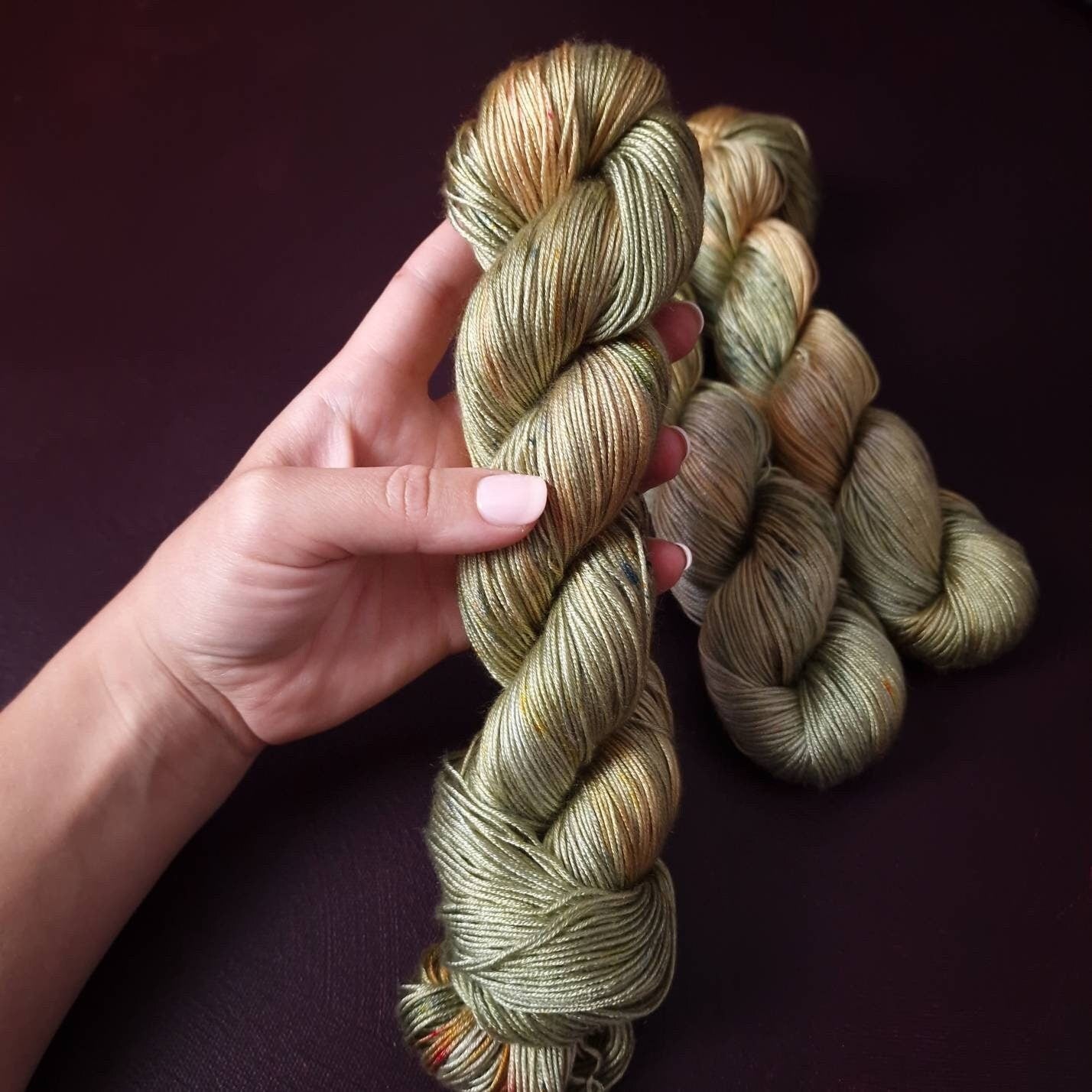 Hand dyed yarn ~ Olive Fairy***Dyed to order ~ fingering / DK weight tencel OR bamboo yarn, vegan, hand painted