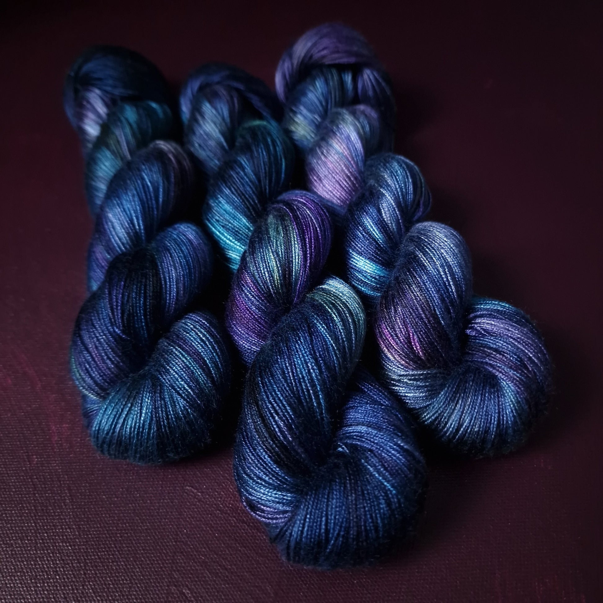 Hand dyed yarn ~ Peacock Galaxy *** Dyed to order ~ fingering / DK weight tencel OR bamboo yarn, vegan, hand painted