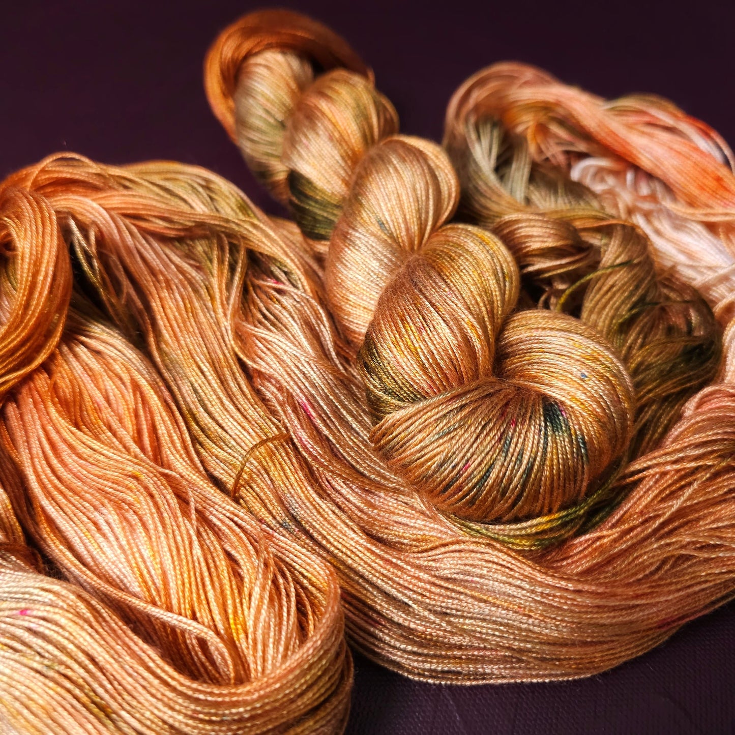 Hand dyed yarn ~ Mossy Peach *** Dyed to order ~ fingering / DK weight tencel OR bamboo yarn, vegan, hand painted