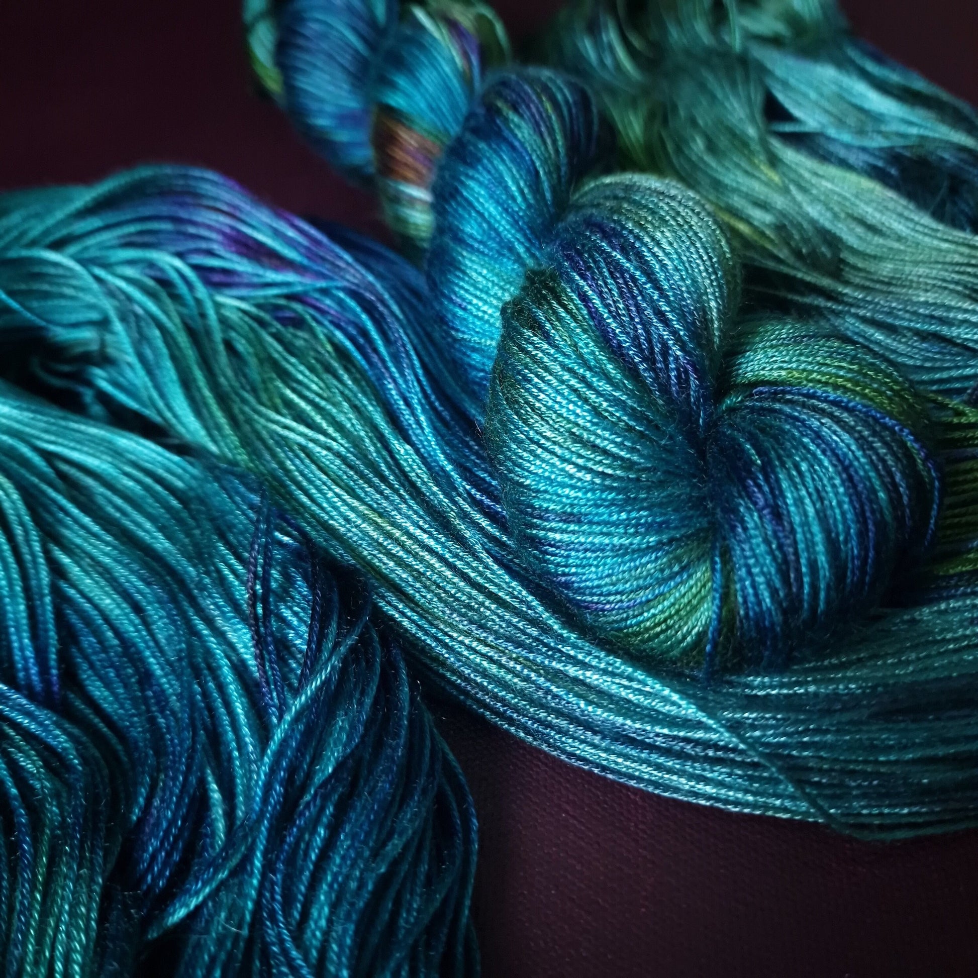 Hand dyed yarn ~ Peacock Eye ***Dyed to order ~ fingering / DK weight tencel OR bamboo yarn, vegan, hand painted