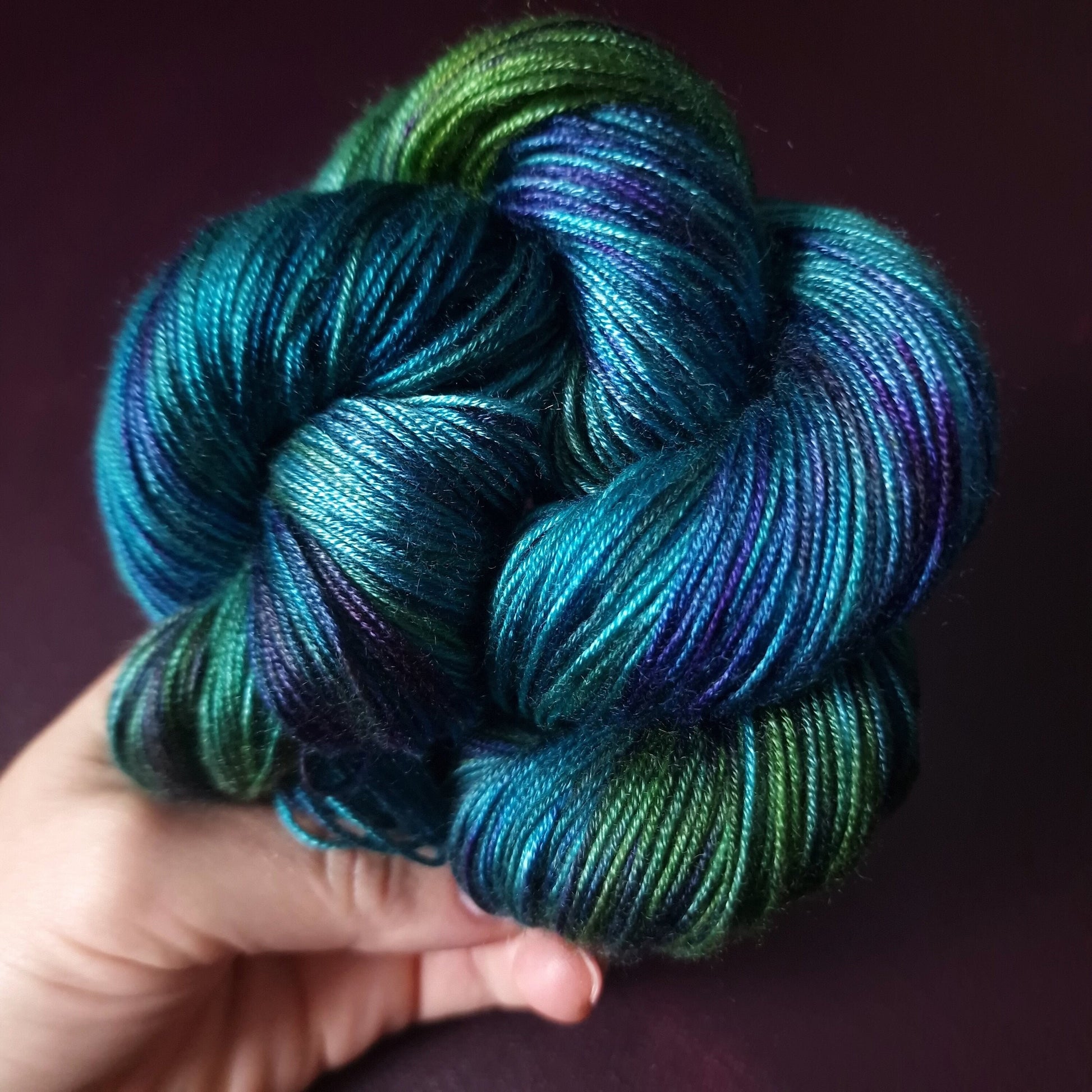 Hand dyed yarn ~ Peacock Eye ***Dyed to order ~ fingering / DK weight tencel OR bamboo yarn, vegan, hand painted