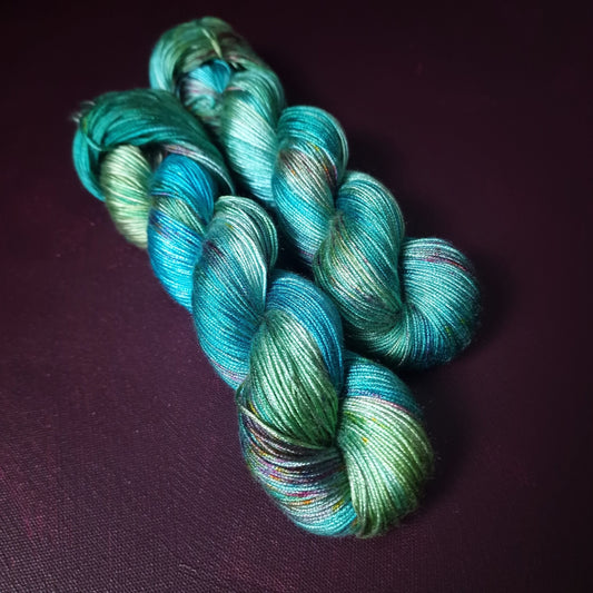 Hand dyed yarn ~ Glacier Peacock *** Dyed to order ~ fingering / DK weight tencel OR bamboo yarn, vegan, hand painted