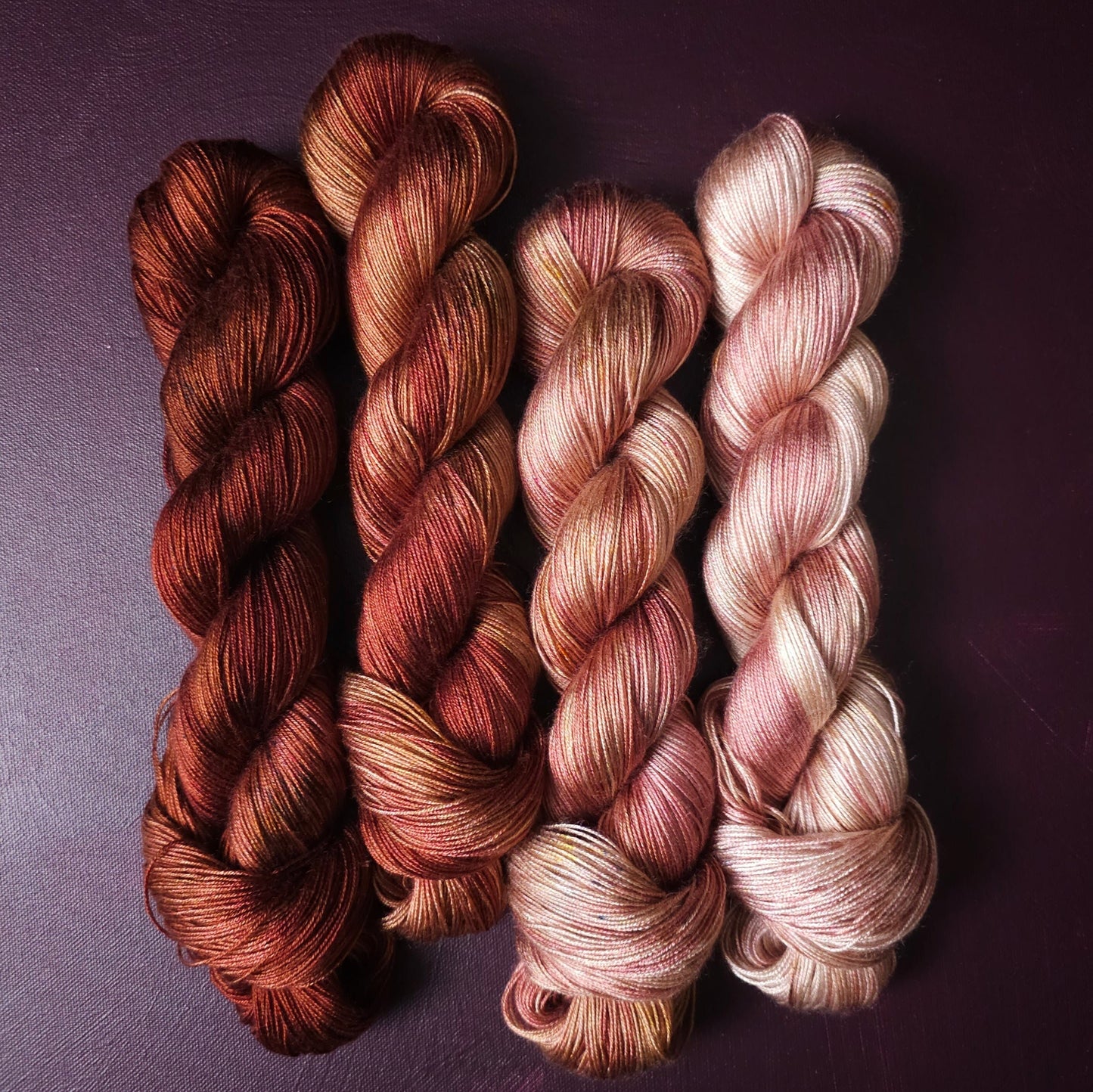 Hand dyed yarn ~ Fade Set*** Dyed to order ~ Copper Blush ~ tencel yarn, bamboo yarn, vegan, hand painted, fingering, DK