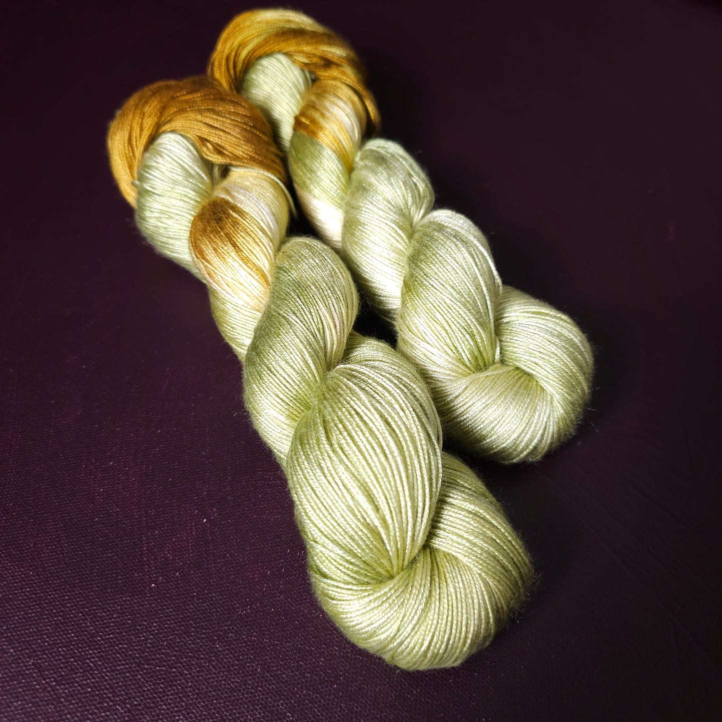 Hand dyed vegan yarn ~ Gold Moss ***Dyed to order ~ fingering / DK weight tencel OR bamboo yarn, assigned pooling, hand painted