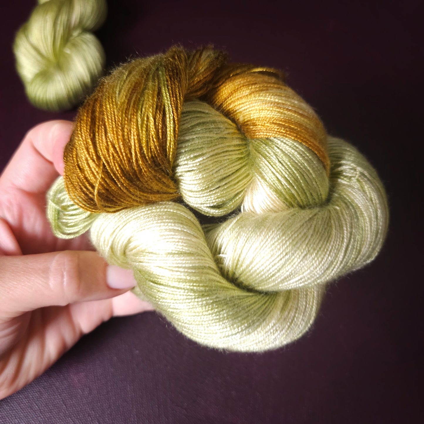 Hand dyed vegan yarn ~ Gold Moss ***Dyed to order ~ fingering / DK weight tencel OR bamboo yarn, assigned pooling, hand painted