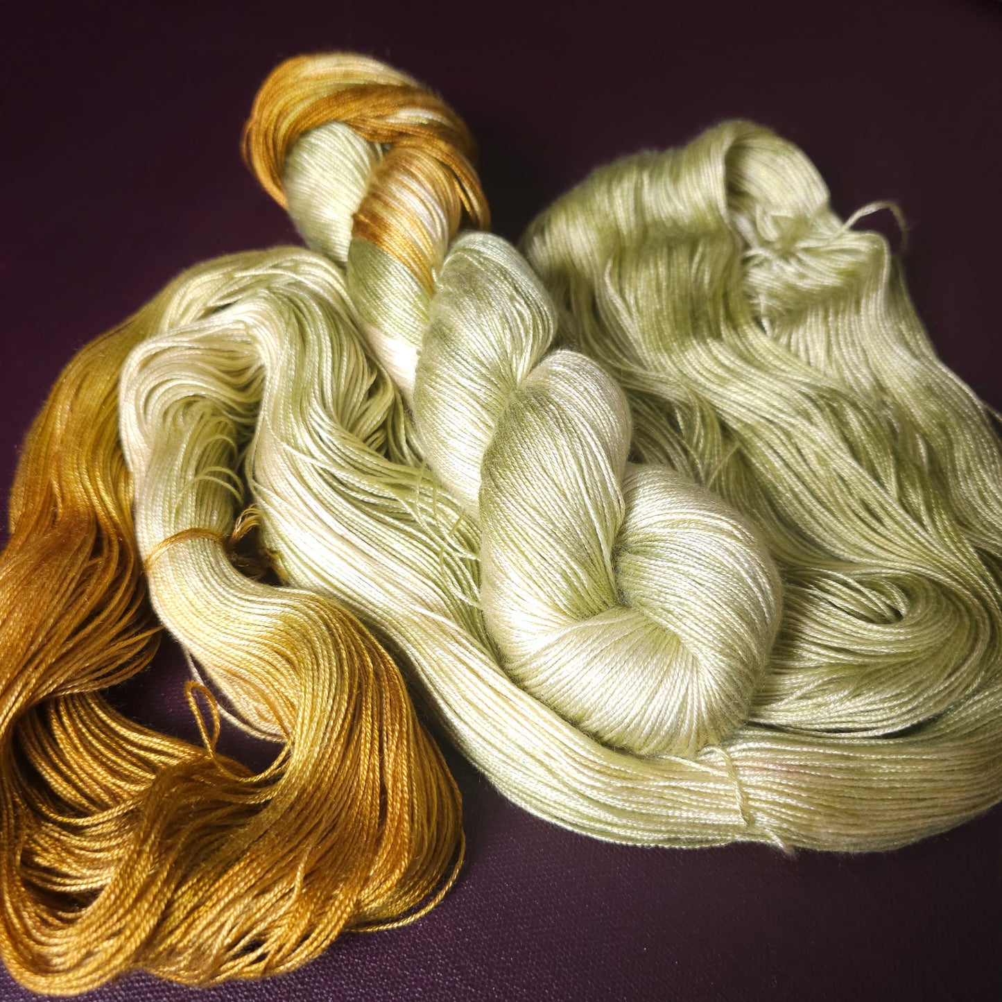 Hand dyed vegan yarn ~ Gold Moss ***Dyed to order ~ fingering / DK weight tencel OR bamboo yarn, assigned pooling, hand painted