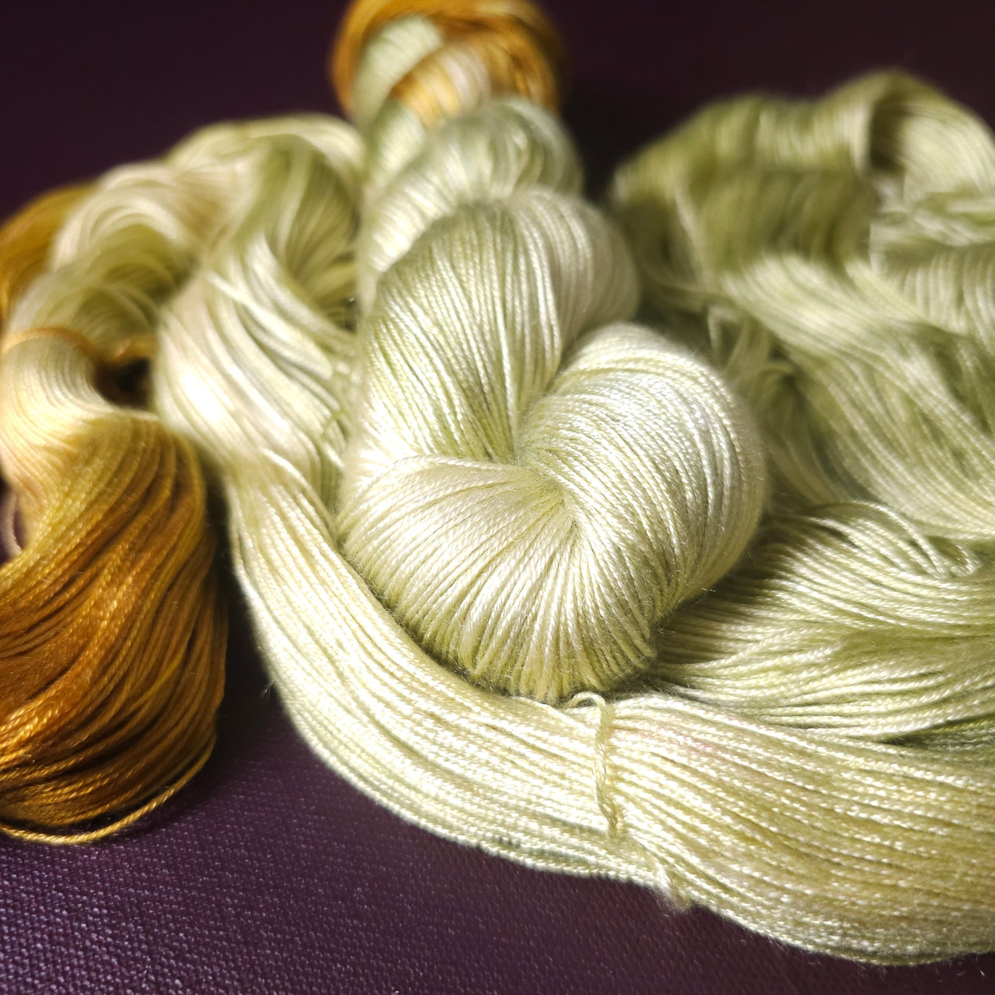 Hand dyed vegan yarn ~ Gold Moss ***Dyed to order ~ fingering / DK weight tencel OR bamboo yarn, assigned pooling, hand painted