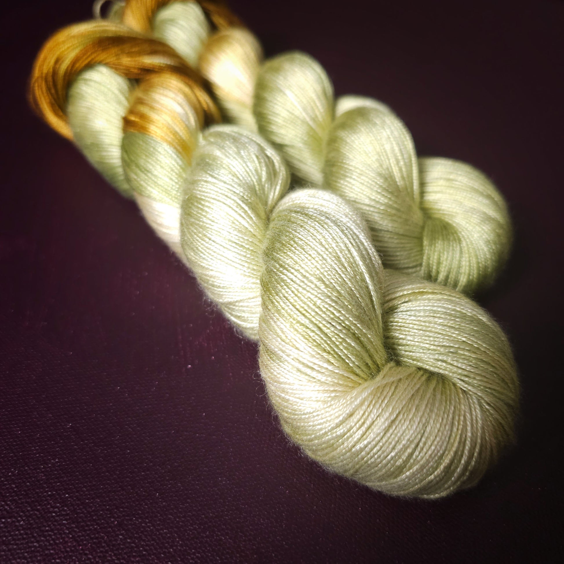 Hand dyed vegan yarn ~ Gold Moss ***Dyed to order ~ fingering / DK weight tencel OR bamboo yarn, assigned pooling, hand painted