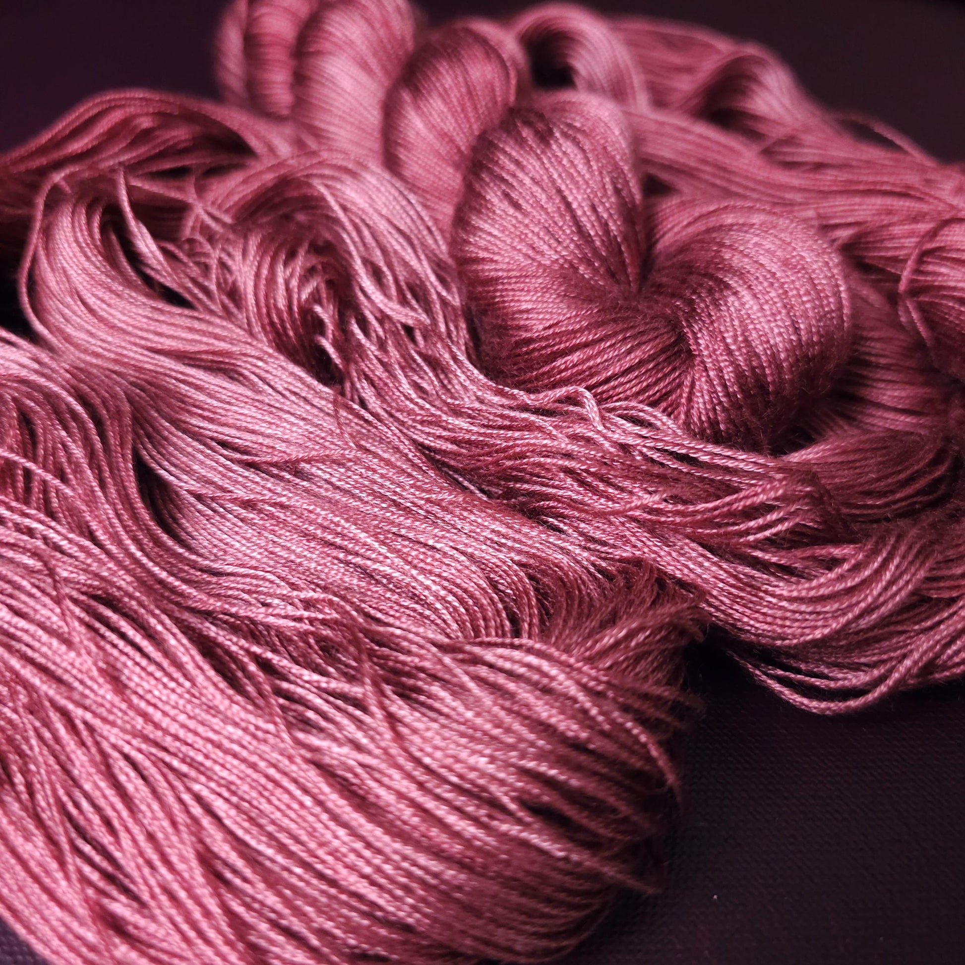 Dusty Rasberry, hand dyed shawl yarn, fingering or DK weight shiny tencel, hand painted soft bamboo, mercerized cotton, crochet knitting