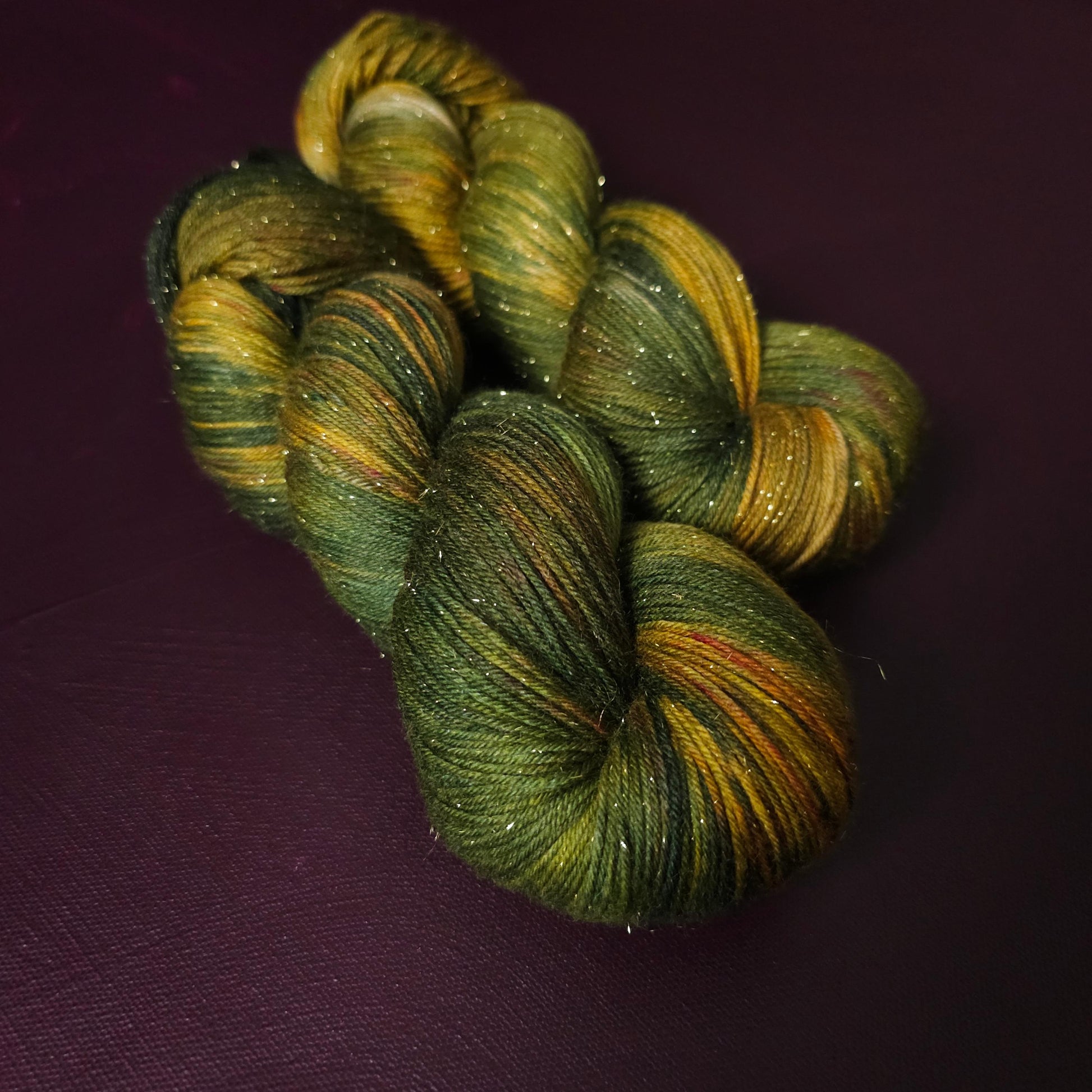 Olive Forest, hand dyed yarn, hand painted superwash merino singles, gift for crocheter, green, golden, mustard yarn, variegated sock yarn