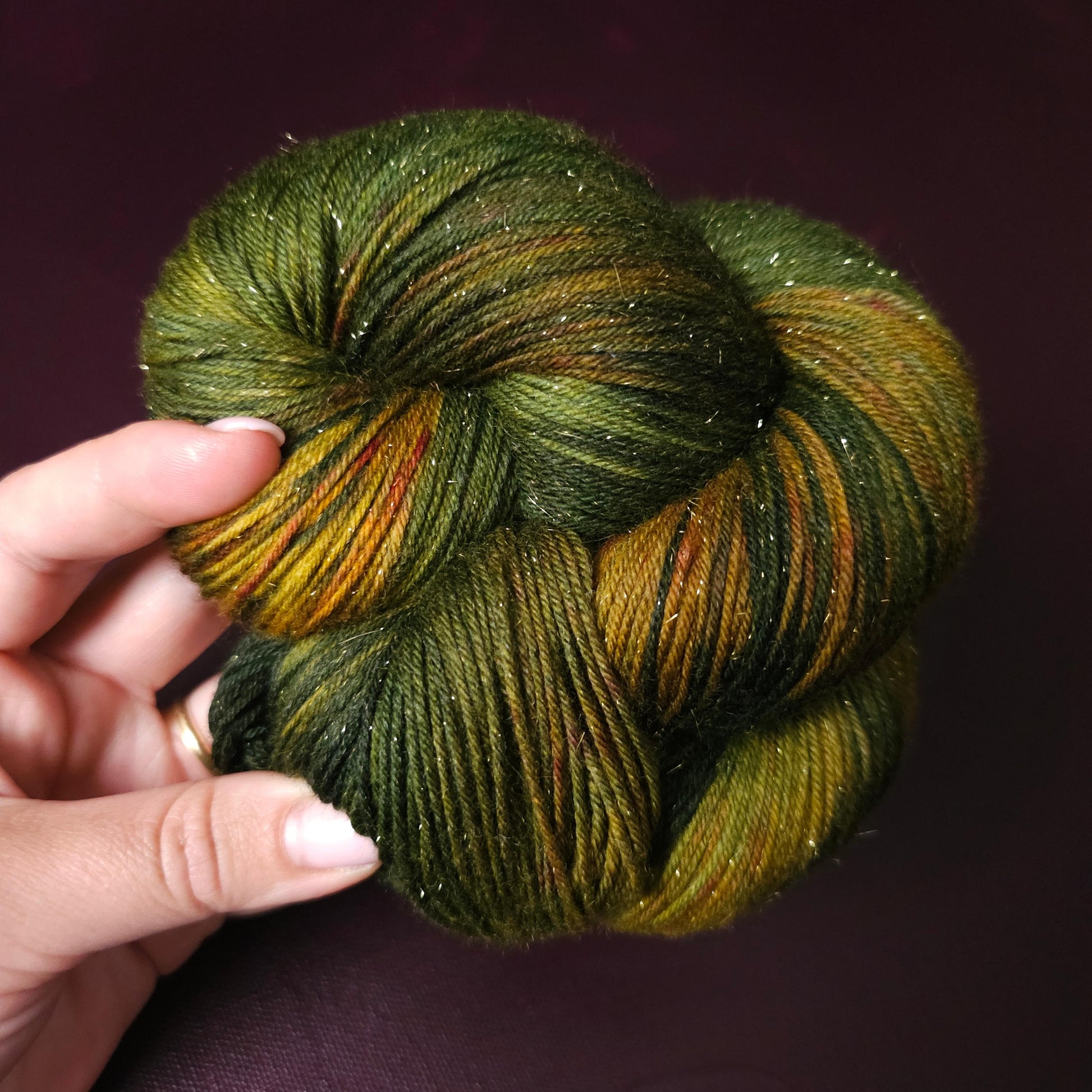 Olive Forest, hand dyed yarn, hand painted superwash merino singles, gift for crocheter, green, golden, mustard yarn, variegated sock yarn