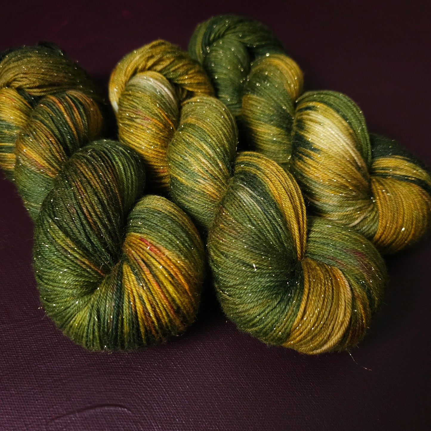 Olive Forest, hand dyed yarn, hand painted superwash merino singles, gift for crocheter, green, golden, mustard yarn, variegated sock yarn